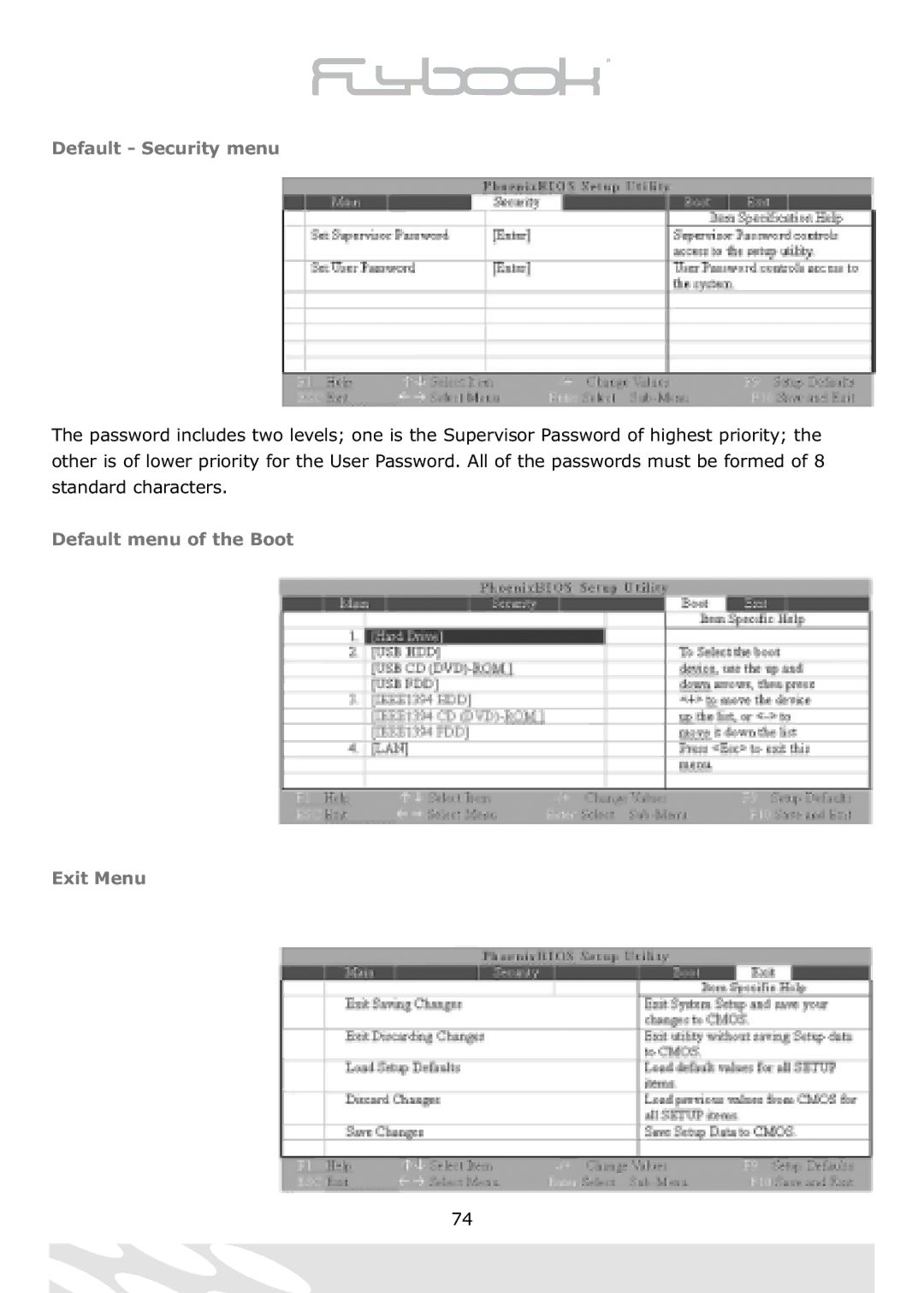 Dialogue Tech Flybook 3G Notebook PC user manual Default Security menu, Default menu of the Boot Exit Menu 