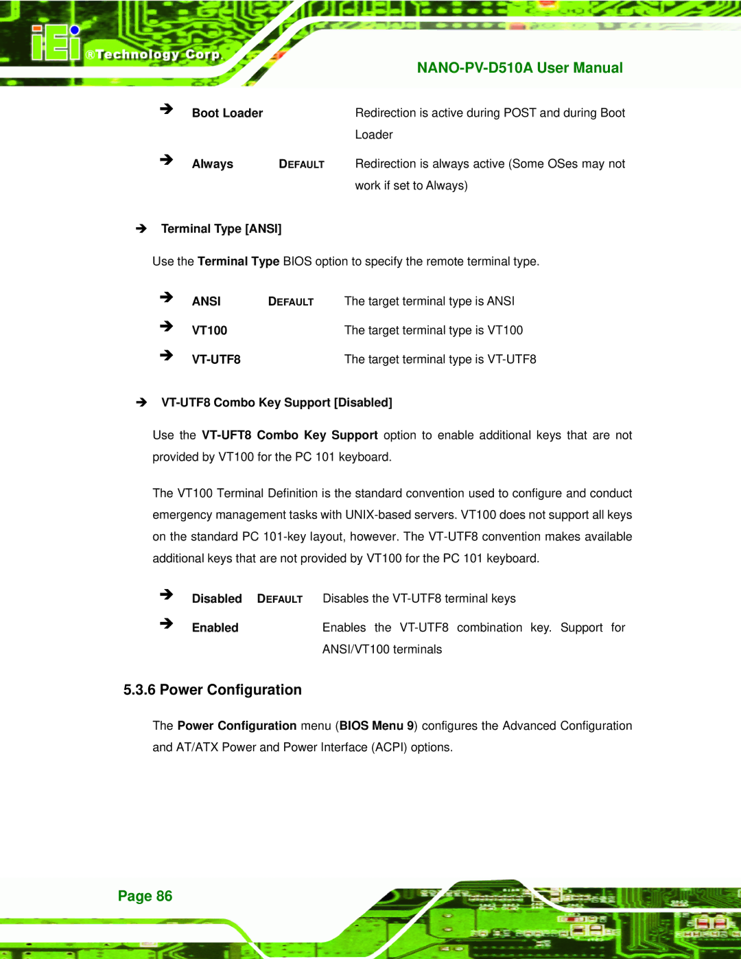 Dialogue Tech NANO-PV-D510A user manual Power Configuration, Ansi, VT-UTF8 