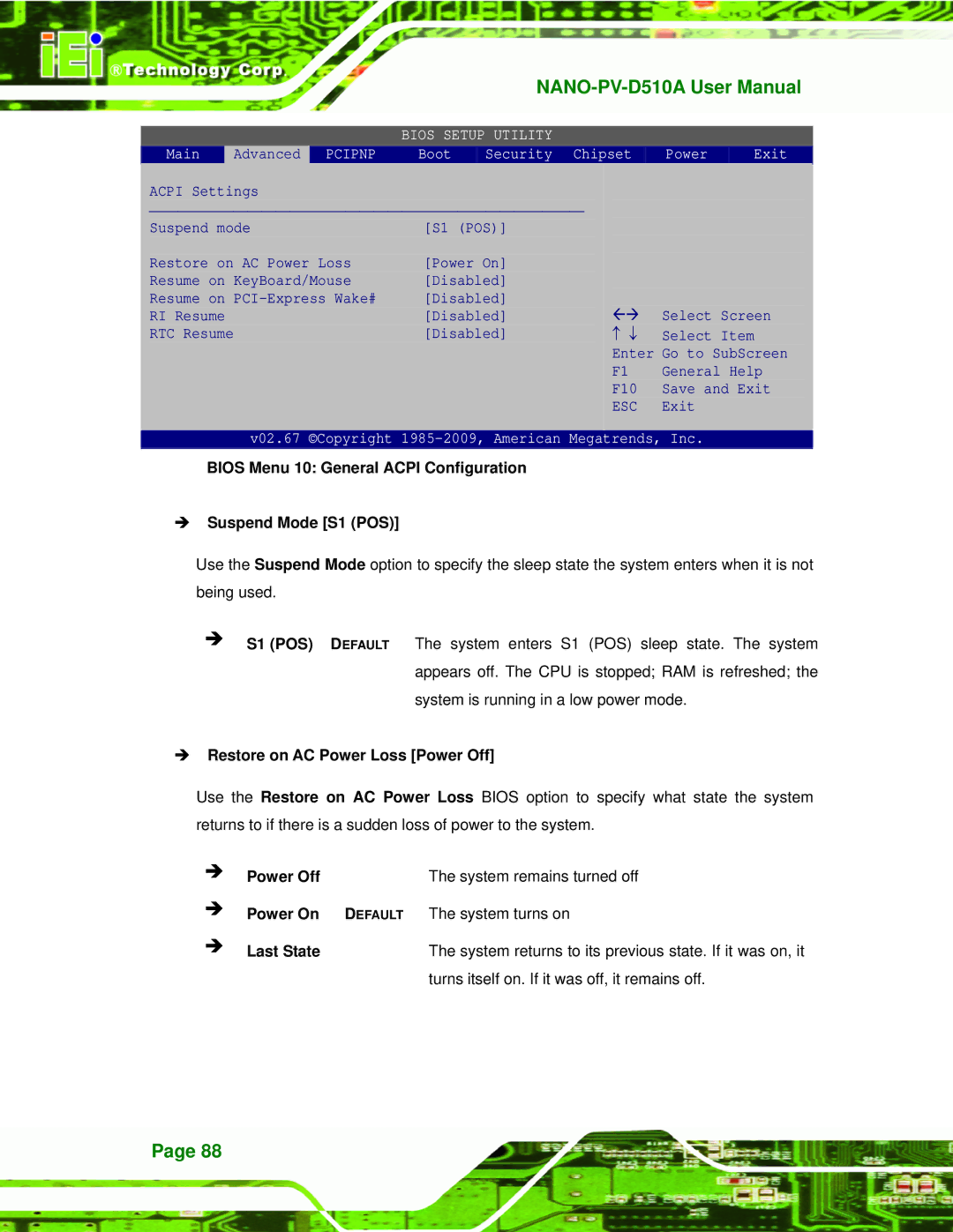 Dialogue Tech NANO-PV-D510A user manual Bios Menu 10 General Acpi Configuration Suspend Mode S1 POS 