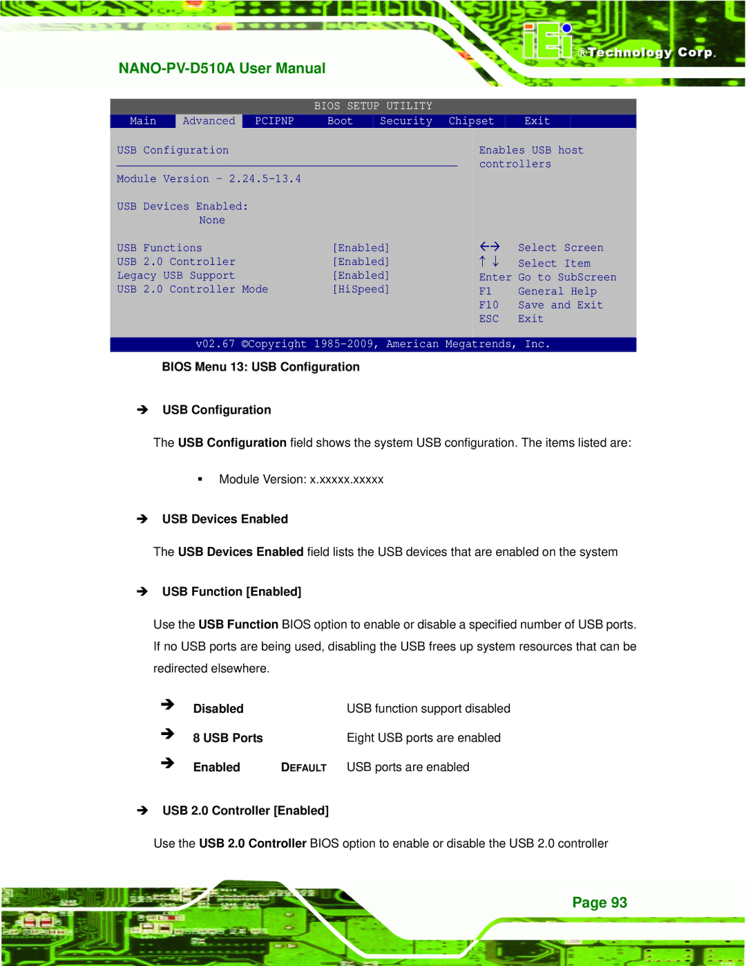 Dialogue Tech NANO-PV-D510A user manual Bios Menu 13 USB Configuration, USB Devices Enabled, USB Function Enabled 