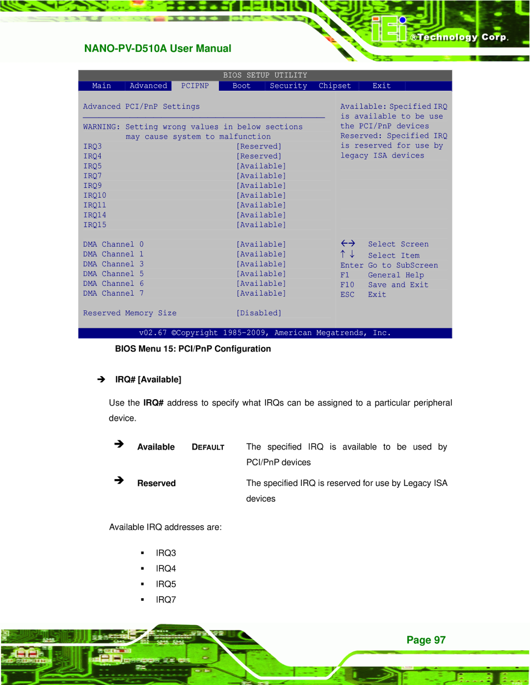 Dialogue Tech NANO-PV-D510A user manual Bios Menu 15 PCI/PnP Configuration IRQ# Available 