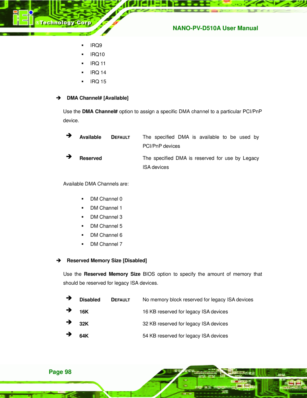 Dialogue Tech NANO-PV-D510A user manual DMA Channel# Available, Reserved Memory Size Disabled 