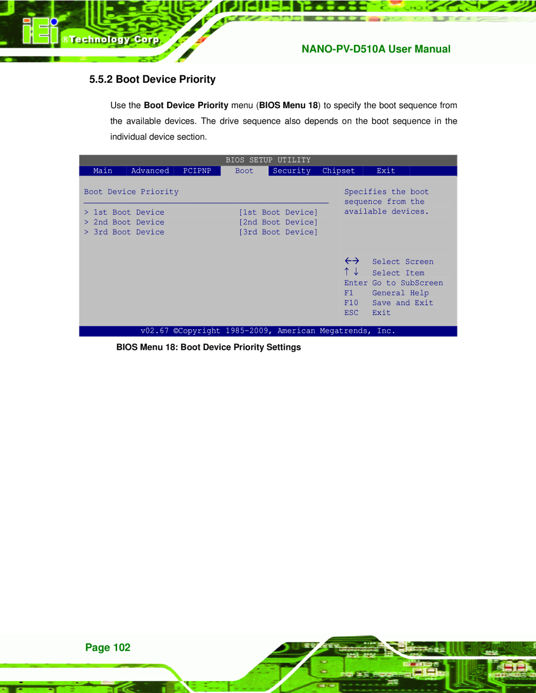 Dialogue Tech NANO-PV-D510A user manual Bios Menu 18 Boot Device Priority Settings 