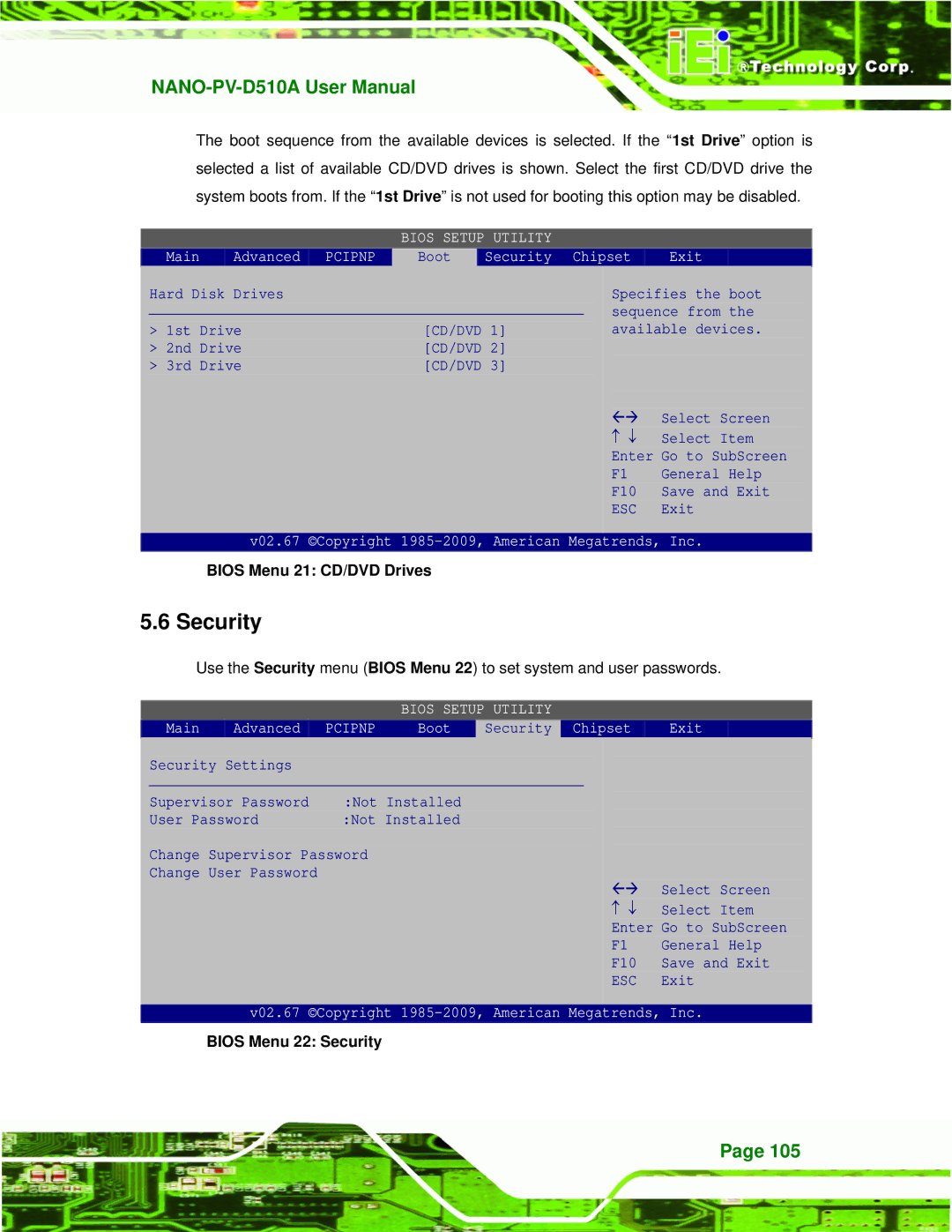 Dialogue Tech NANO-PV-D510A user manual Bios Menu 21 CD/DVD Drives, Bios Menu 22 Security 