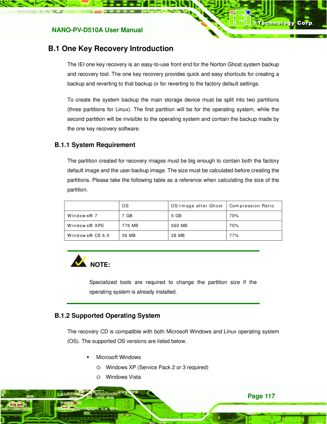 Dialogue Tech NANO-PV-D510A user manual One Key Recovery Introduction, System Requirement, Supported Operating System 