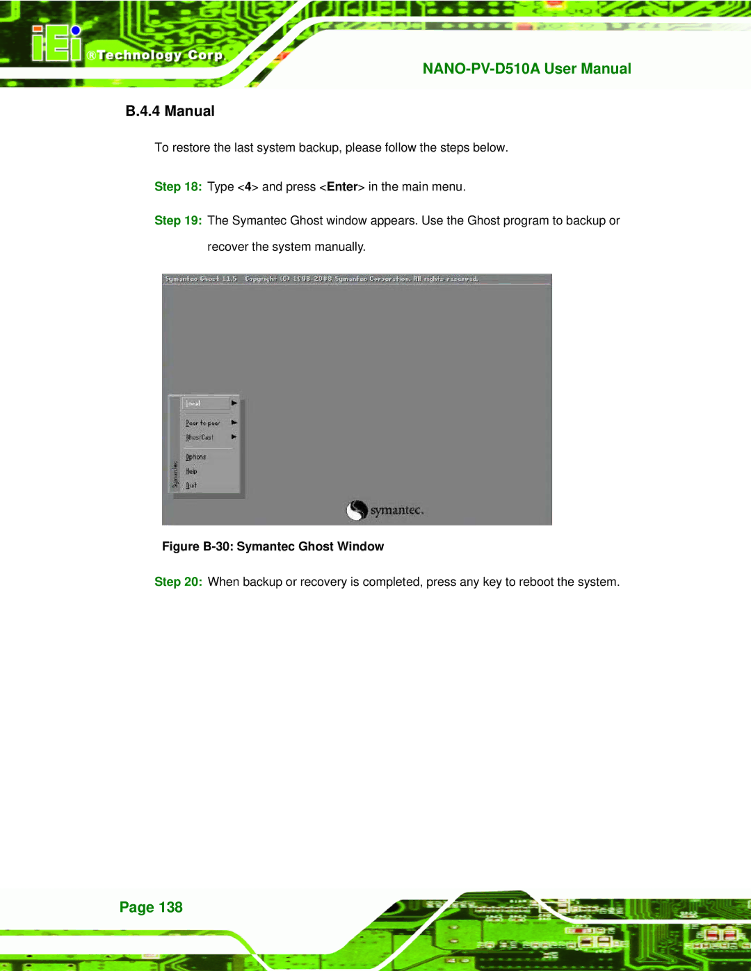 Dialogue Tech NANO-PV-D510A user manual Manual, Figure B-30 Symantec Ghost Window 