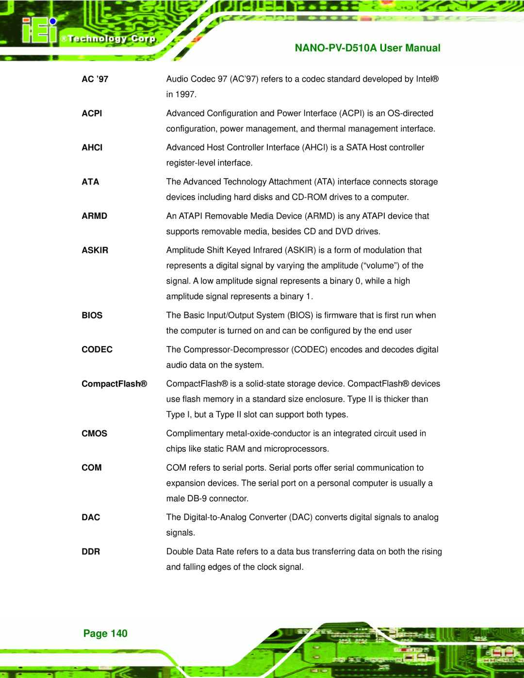 Dialogue Tech NANO-PV-D510A user manual Acpi, Ahci, Ata, Askir, Codec, Cmos, Com, Dac, Ddr 