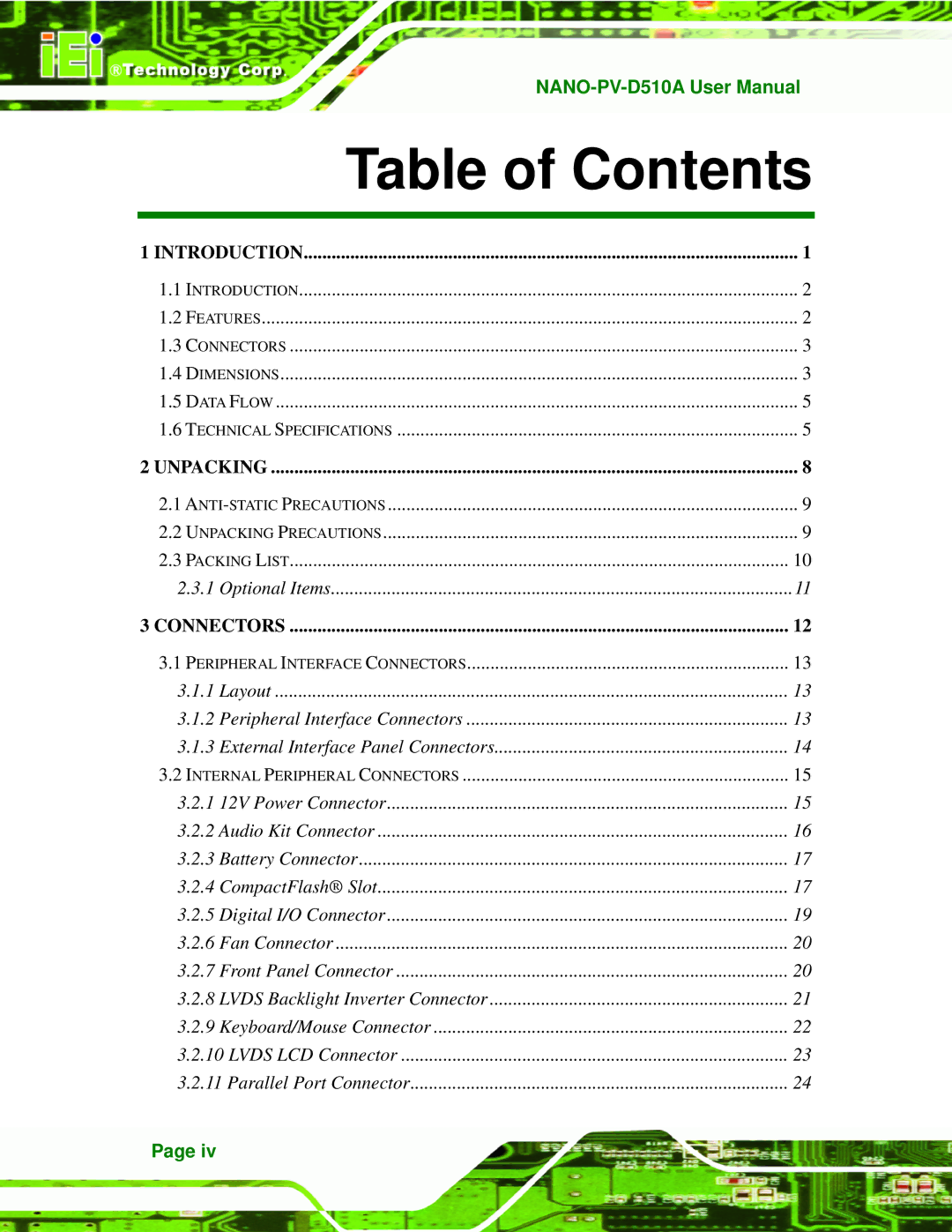 Dialogue Tech NANO-PV-D510A user manual Table of Contents 