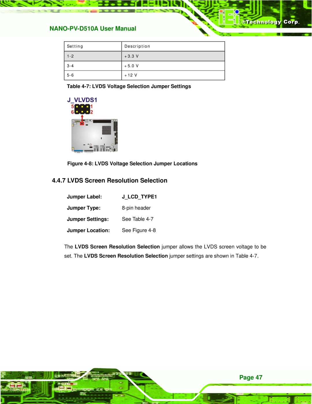 Dialogue Tech NANO-PV-D510A user manual Lvds Screen Resolution Selection, Lvds Voltage Selection Jumper Settings, JLCDTYPE1 