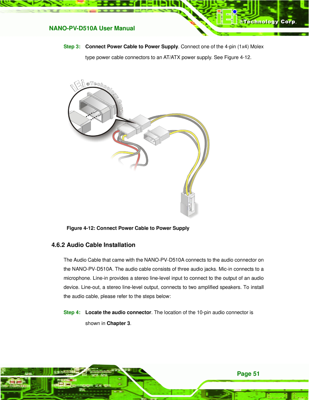 Dialogue Tech NANO-PV-D510A user manual Audio Cable Installation, Connect Power Cable to Power Supply 