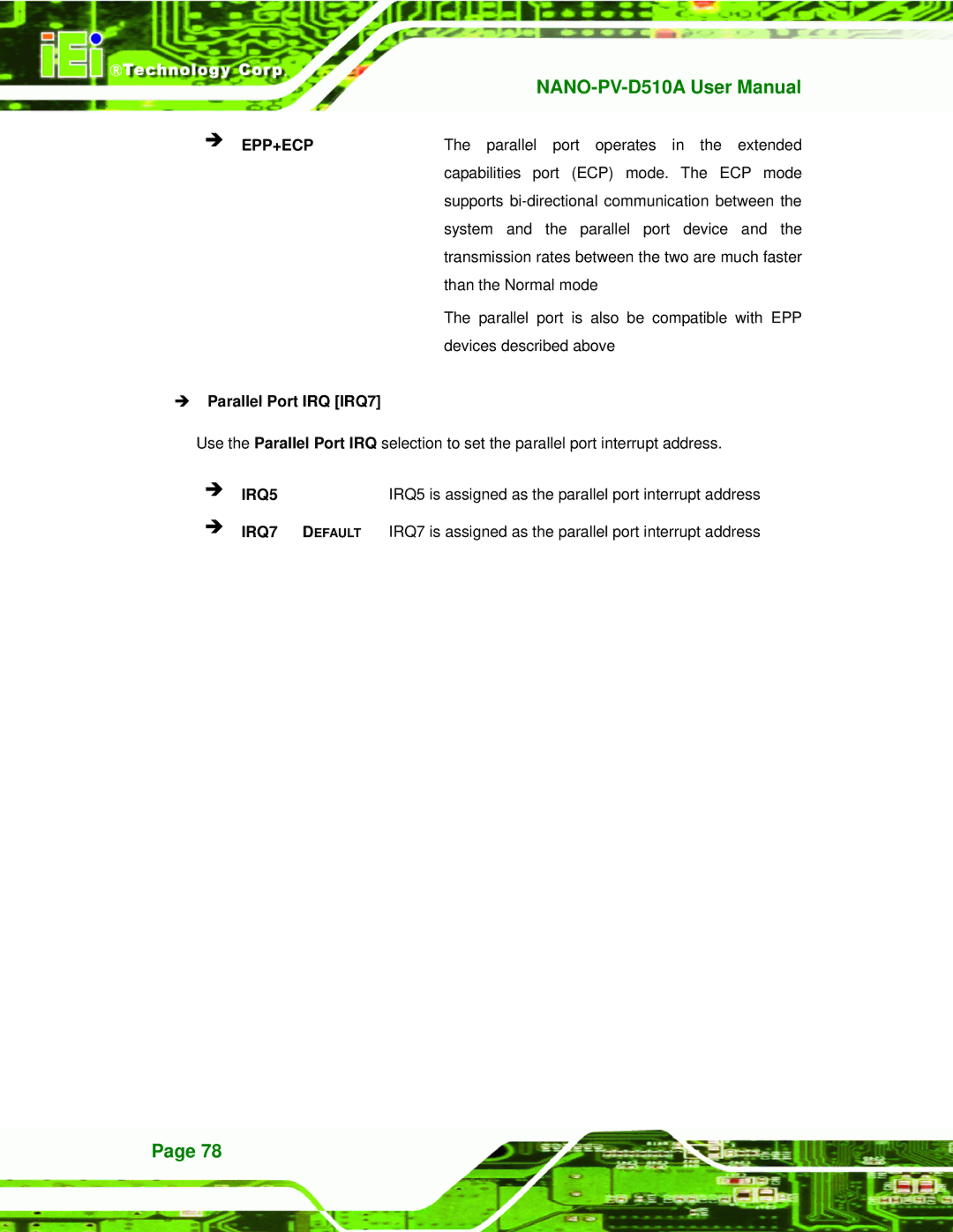 Dialogue Tech NANO-PV-D510A user manual Parallel Port IRQ IRQ7 