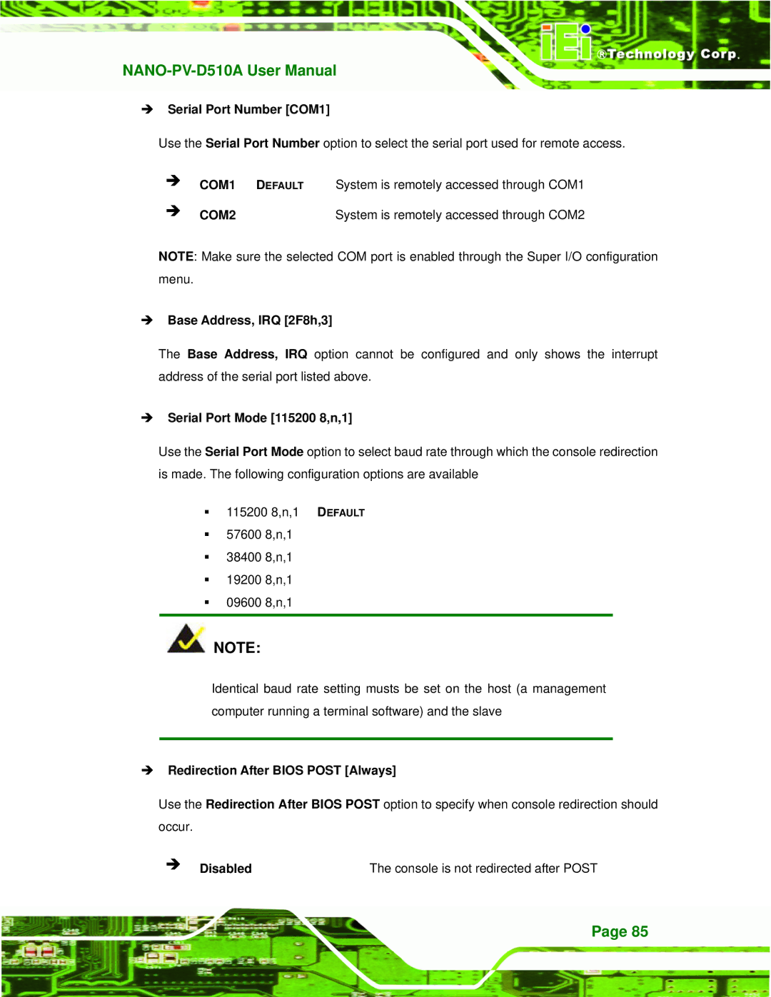 Dialogue Tech NANO-PV-D510A user manual Serial Port Number COM1, Base Address, IRQ 2F8h,3, Serial Port Mode 115200 8,n,1 