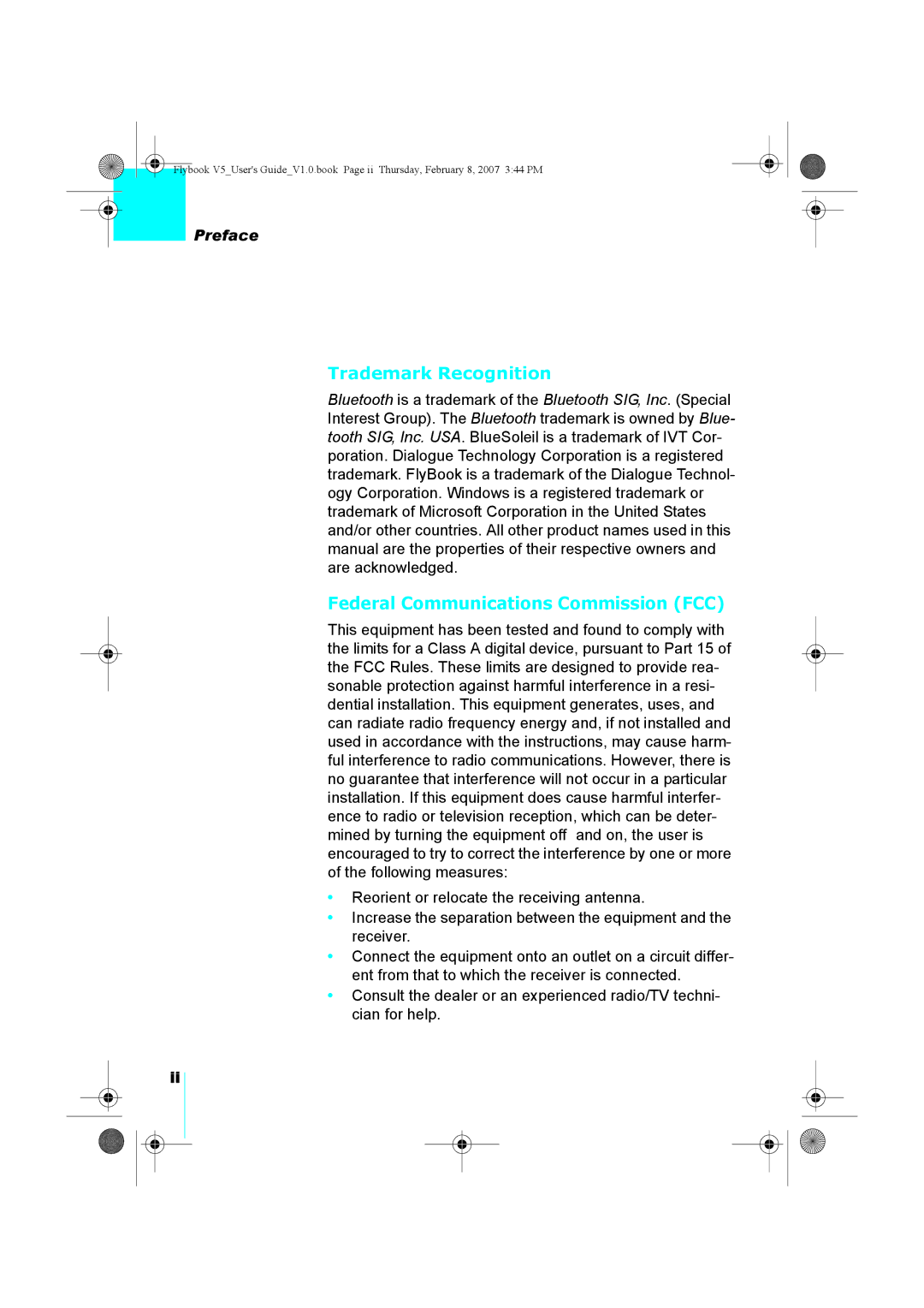 Dialogue Tech V5W1BBHA user manual Trademark Recognition, Federal Communications Commission FCC, Preface 