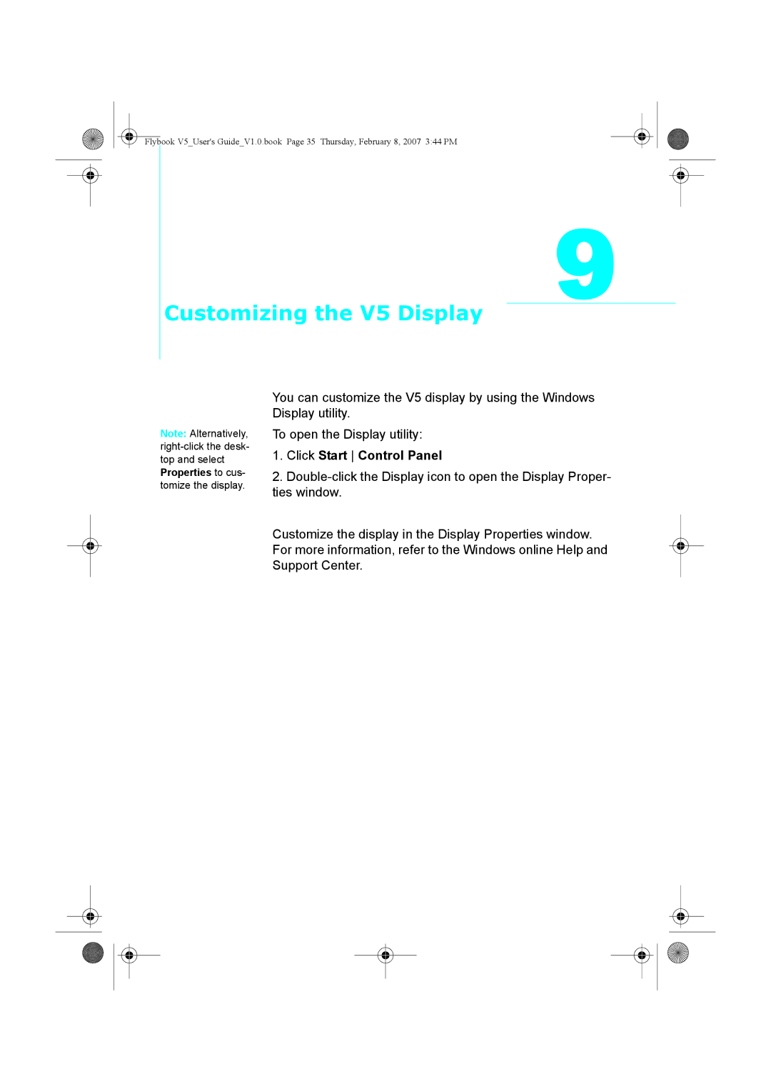 Dialogue Tech V5W1BBHA user manual Customizing the V5 Display, Click Start Control Panel 