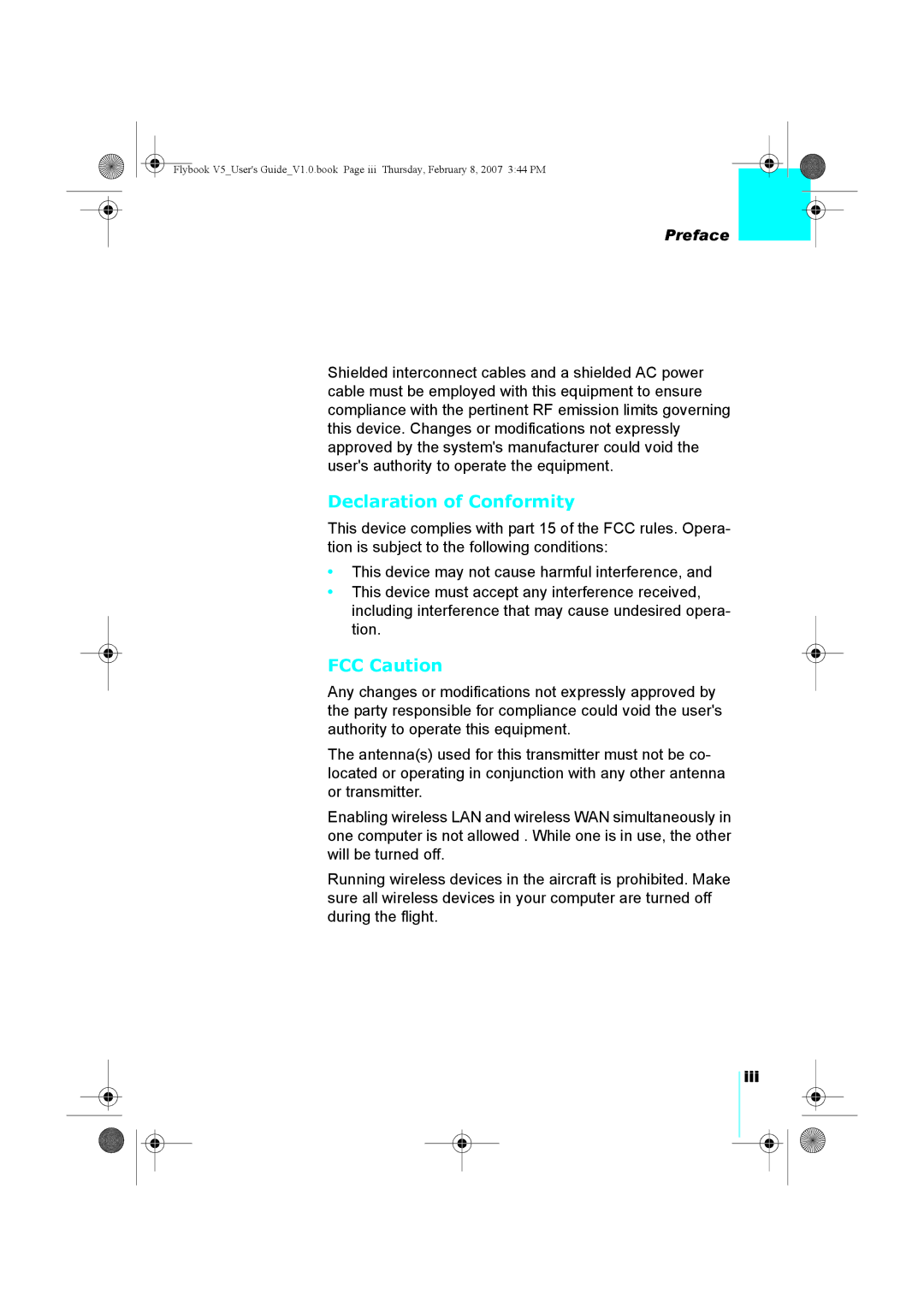 Dialogue Tech V5W1BBHA user manual Declaration of Conformity, FCC Caution, Iii 