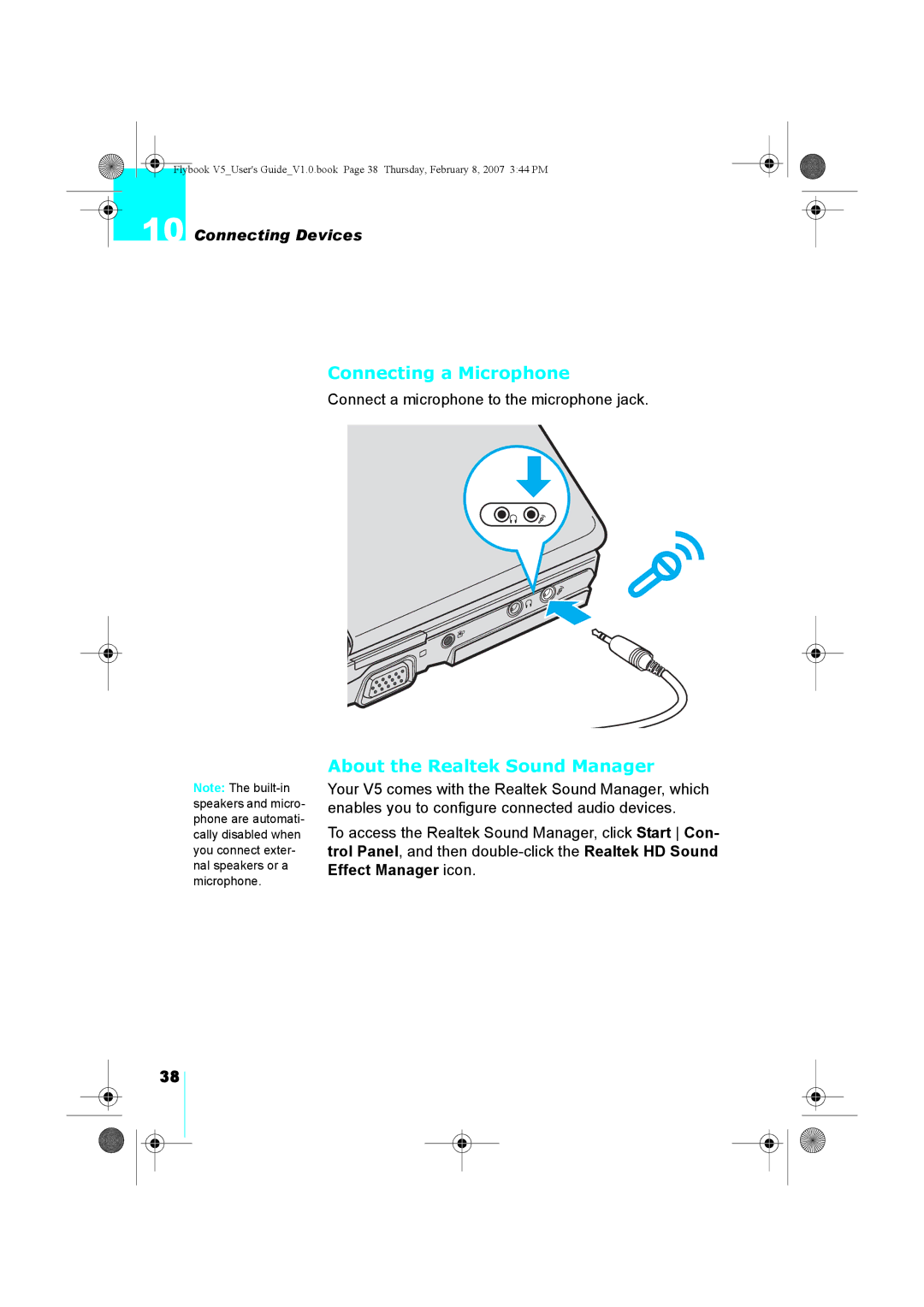 Dialogue Tech V5W1BBHA user manual Connecting a Microphone, About the Realtek Sound Manager, Connecting Devices 