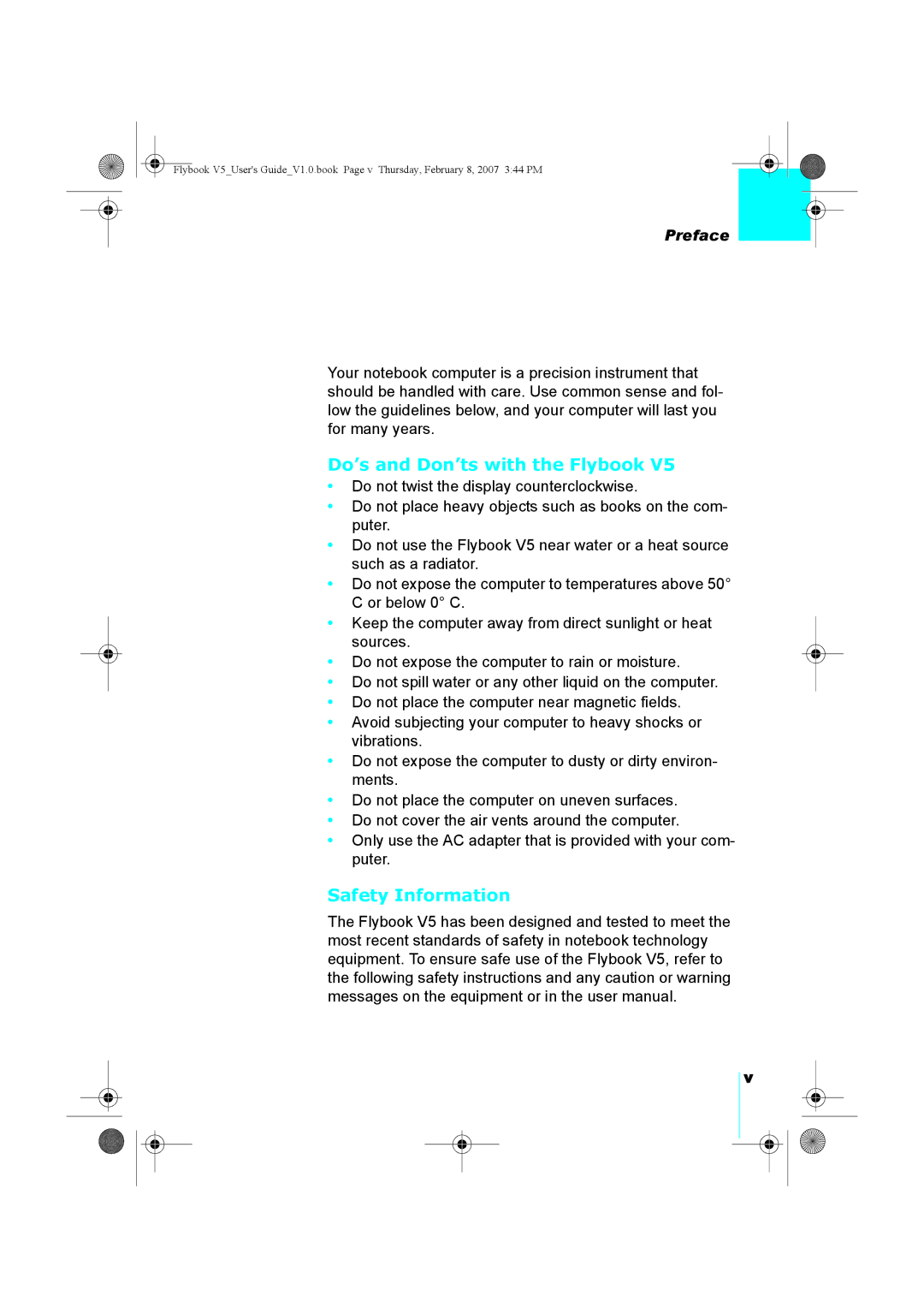 Dialogue Tech V5W1BBHA user manual Do’s and Don’ts with the Flybook, Safety Information 