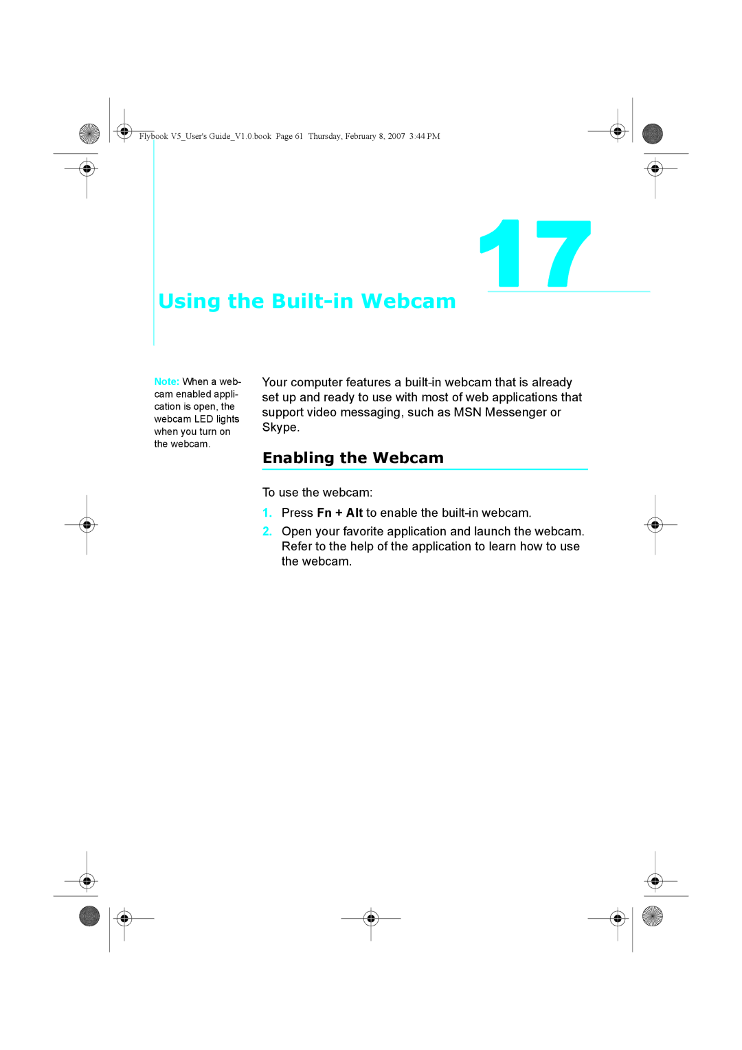 Dialogue Tech V5W1BBHA user manual Using the Built-in Webcam, Enabling the Webcam 