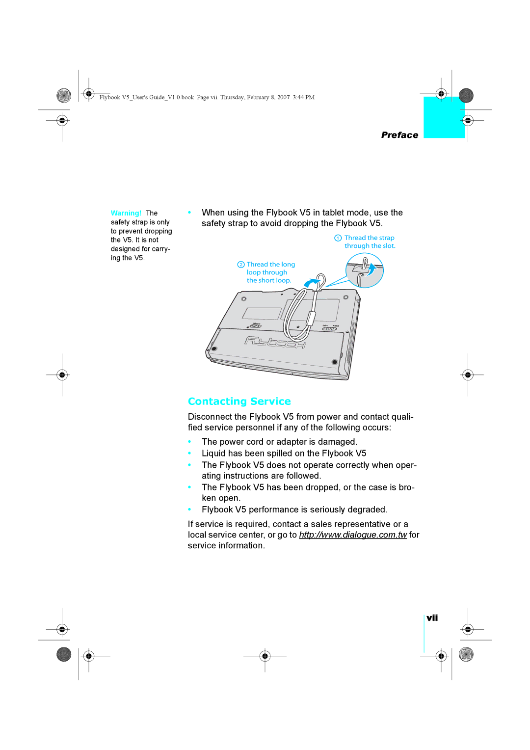 Dialogue Tech V5W1BBHA user manual Contacting Service, Vii 