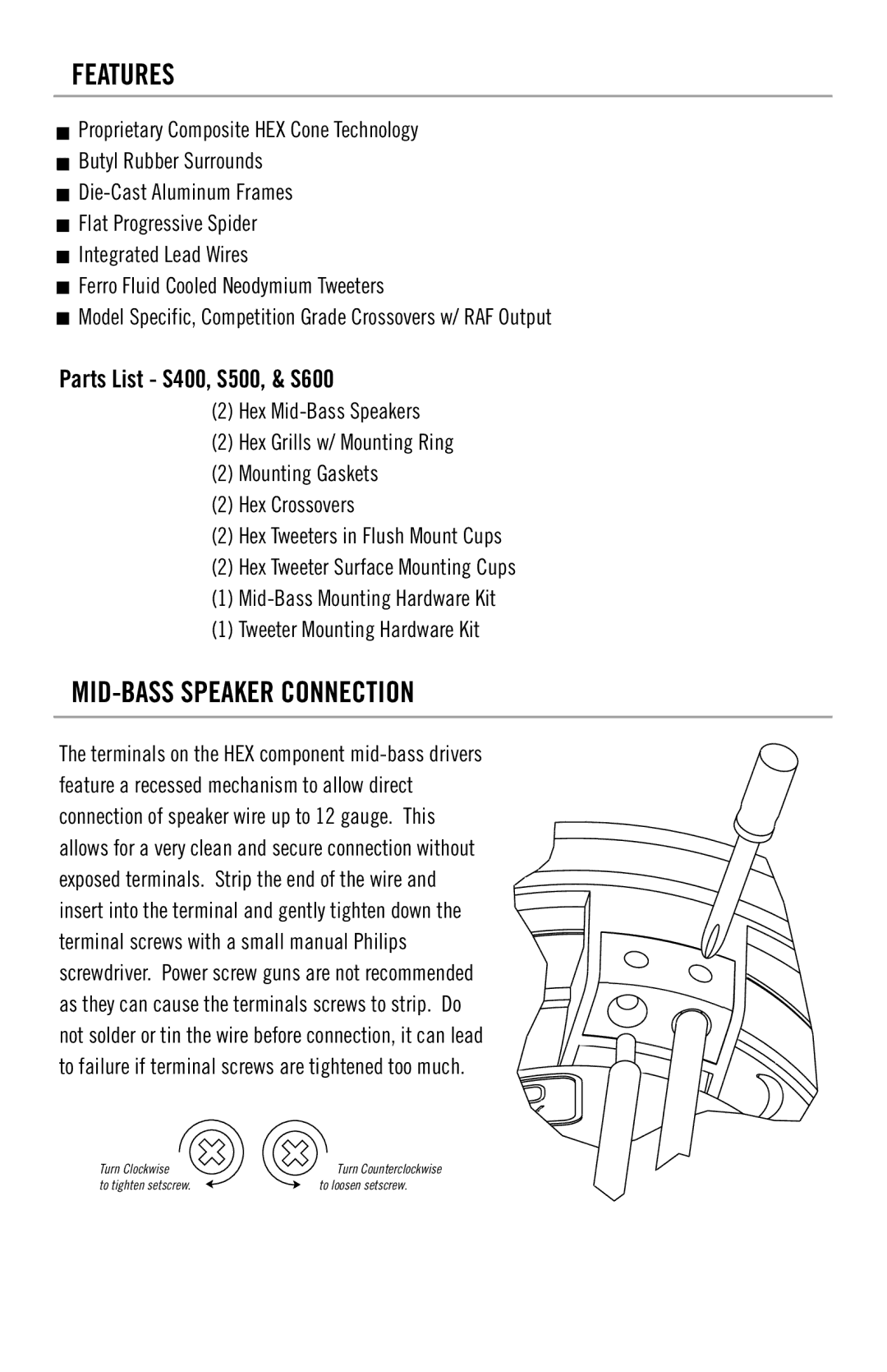 Diamond 643-104, 643-105 owner manual Features, MID-BASS Speaker Connection, Parts List S400, S500, & S600 