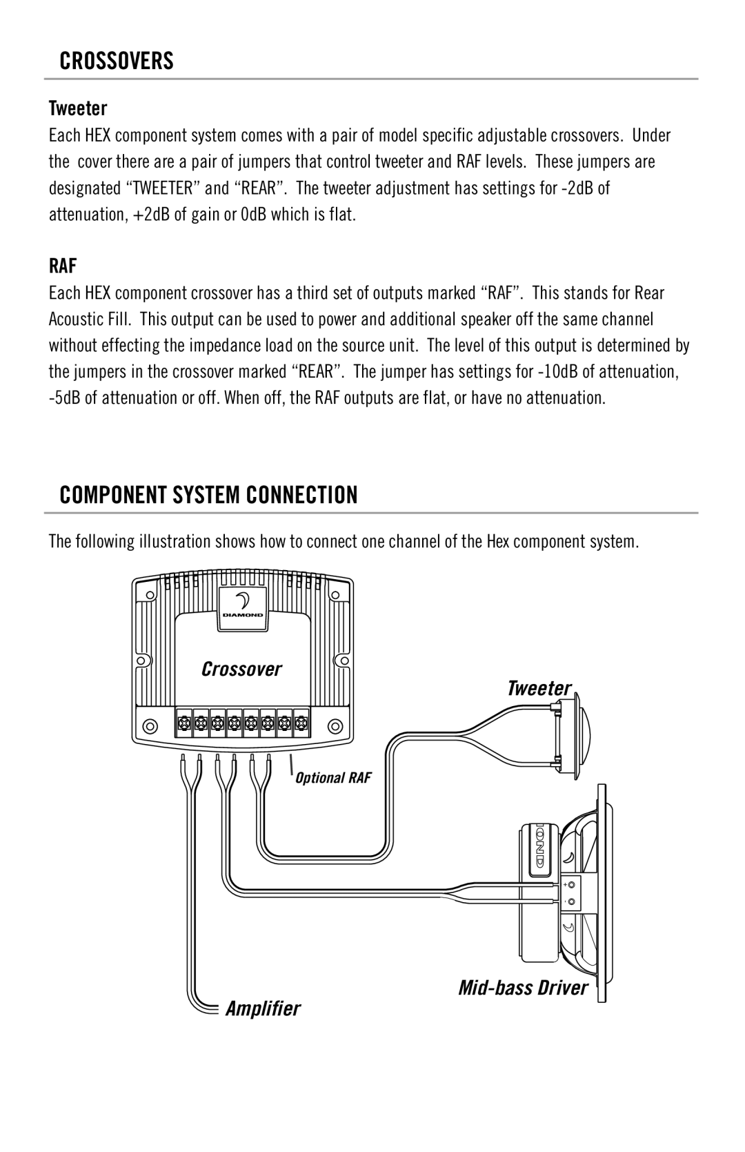 Diamond 643-104, 643-105 owner manual Crossovers, Component System Connection, Tweeter 