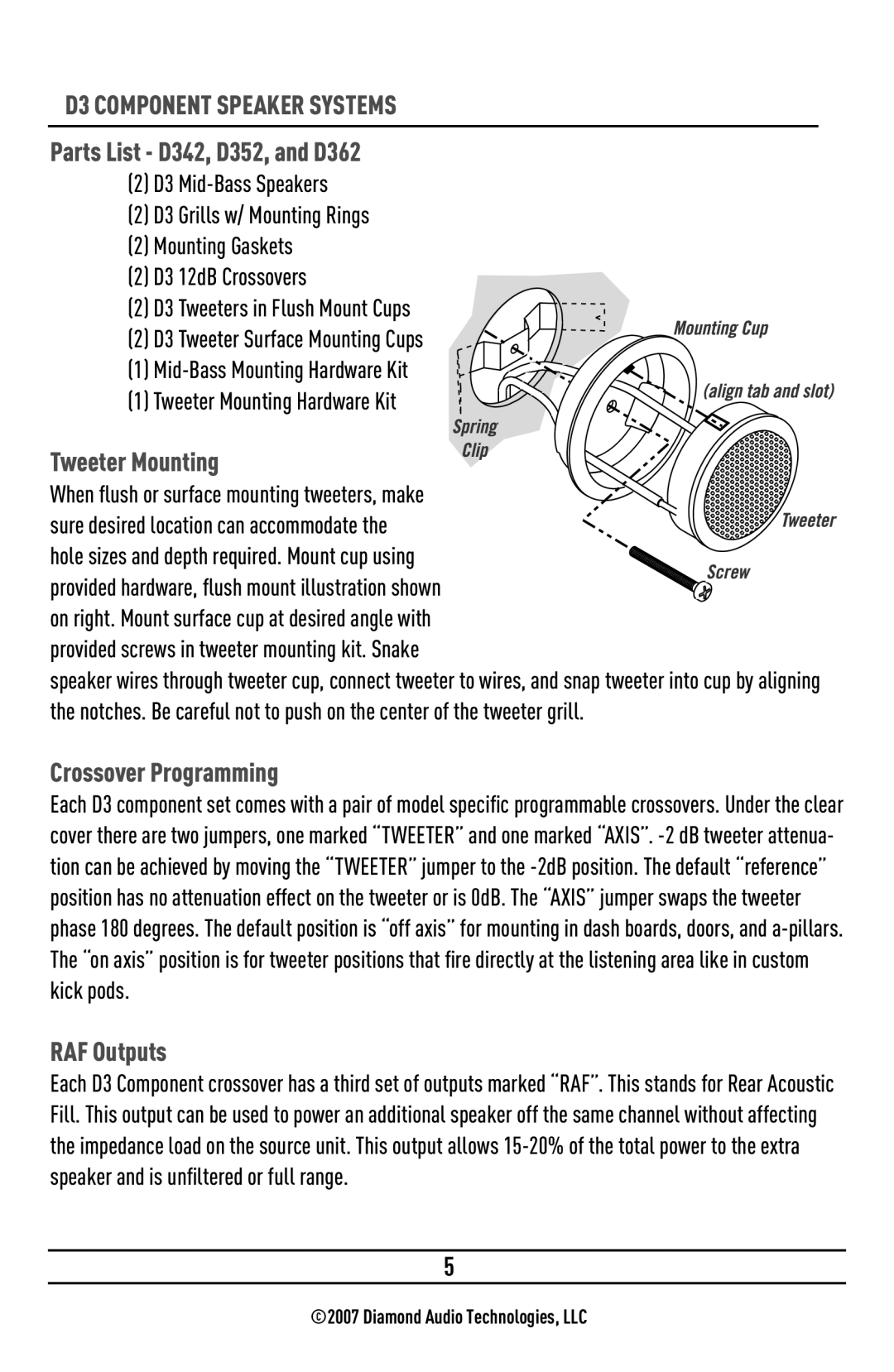 Diamond Audio Technology 643-144/157 D3 Component Speaker Systems, Parts List D342, D352, and D362, Tweeter Mounting 