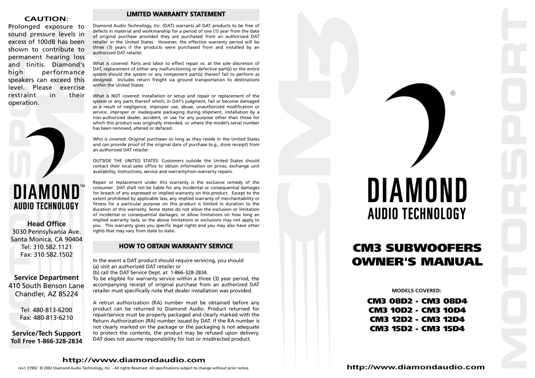 Diamond Audio Technology CM3 12D2, CM3 15D4 owner manual Head Office, Service Department, South Benson Lane Chandler, AZ 