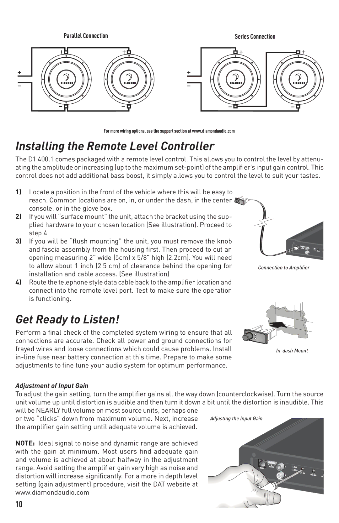 Diamond Audio Technology D1 300.4 Installing the Remote Level Controller, Get Ready to Listen, Adjustment of Input Gain 