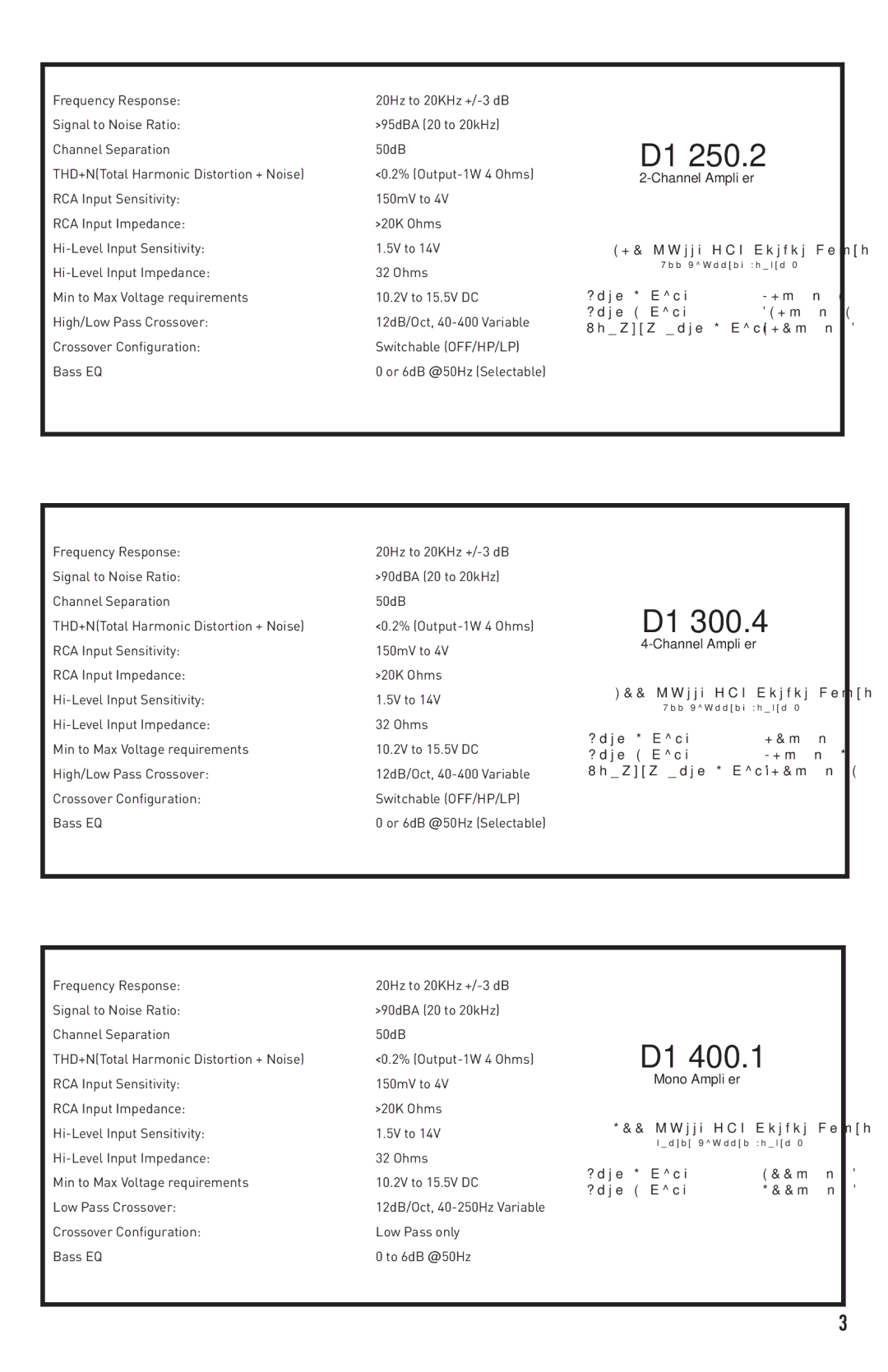 Diamond Audio Technology D1 400.1, D1 300.4, D1 250.2 installation manual Into 4 Ohms 75w x 