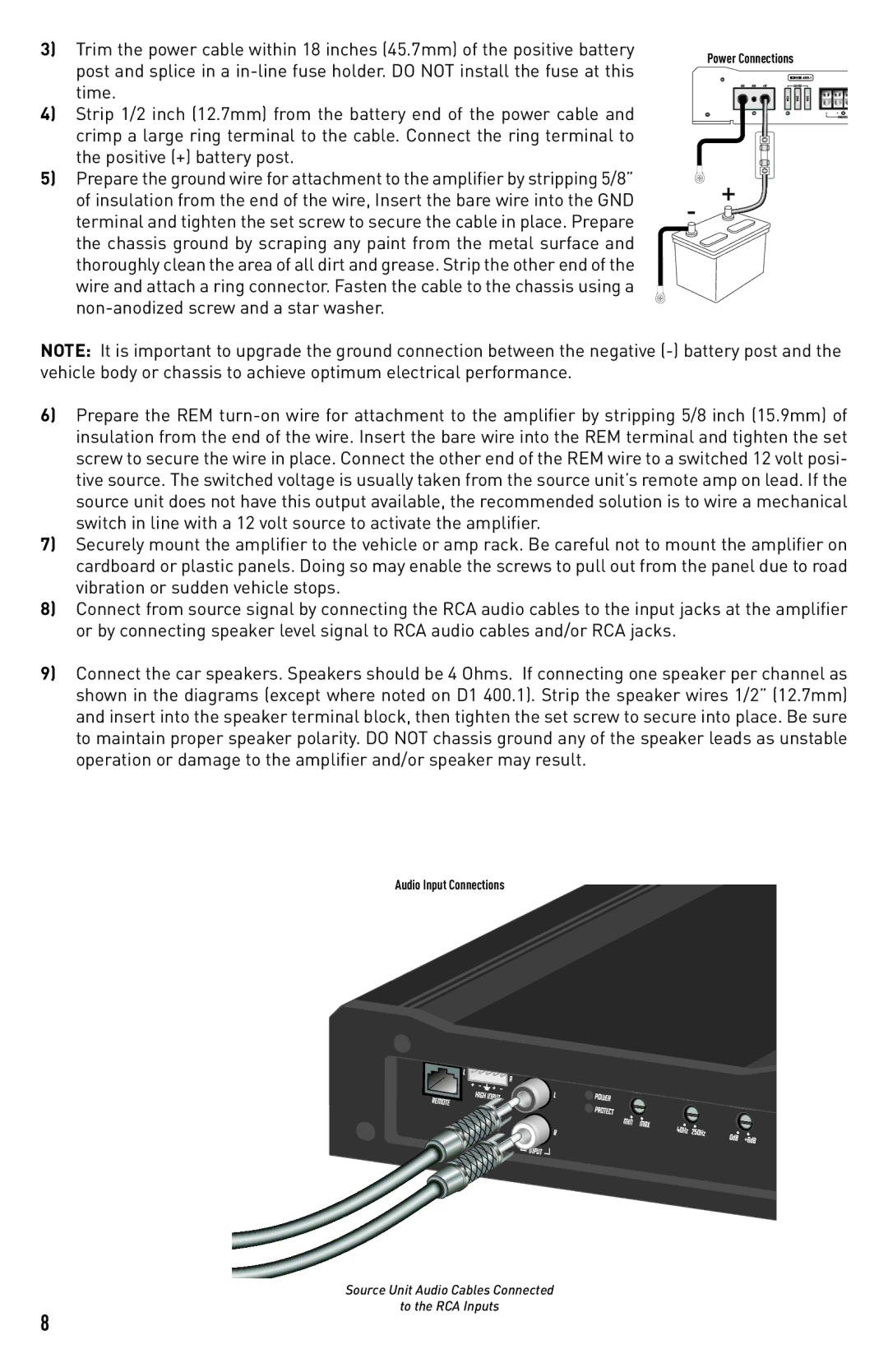 Diamond Audio Technology D1 250.2, D1 400.1, D1 300.4 installation manual Power Connections 