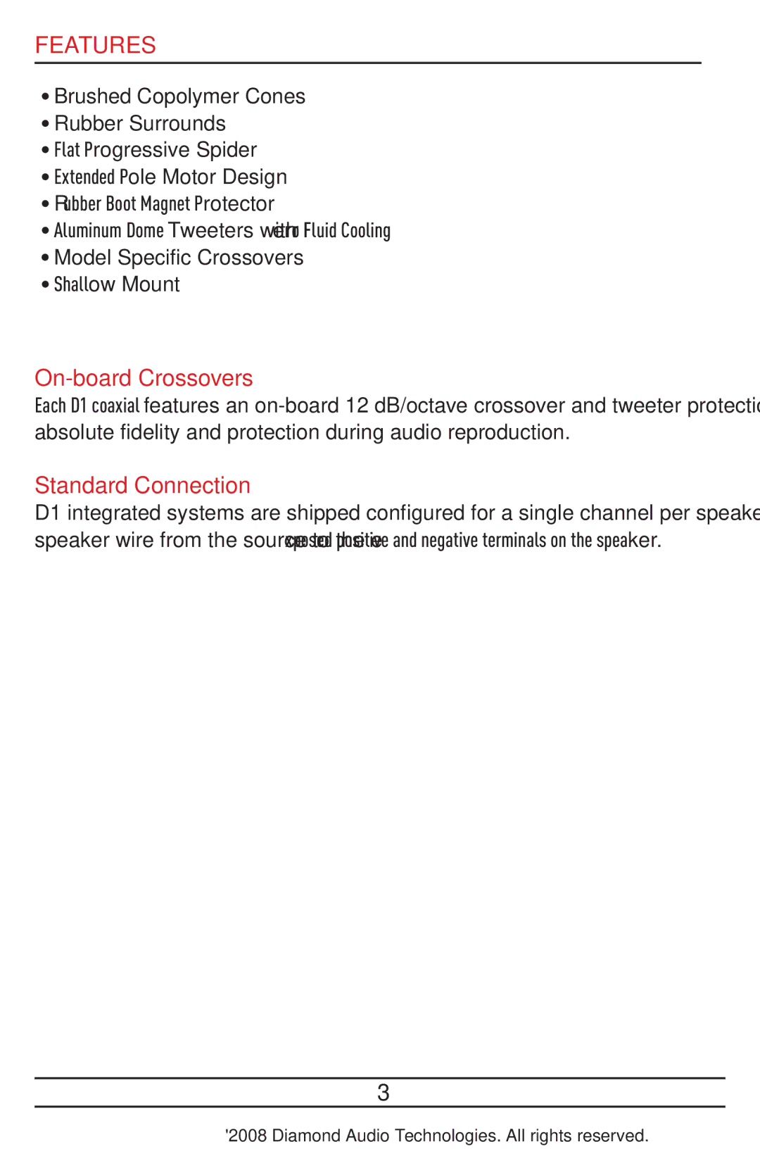 Diamond Audio Technology D191I, D161.5I, D151I, D171I installation manual Features, On-board Crossovers, Standard Connection 