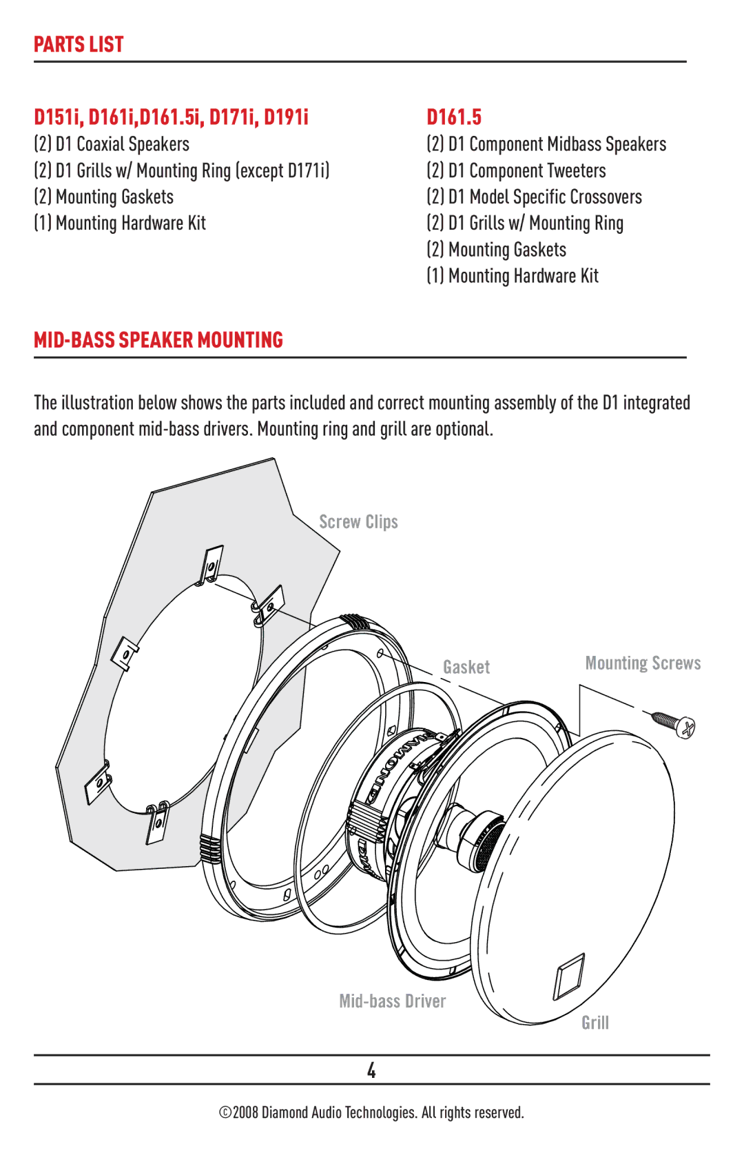 Diamond Audio Technology D161.5I, D151I, D171I, D191I installation manual Parts List, MID-BASS Speaker Mounting 