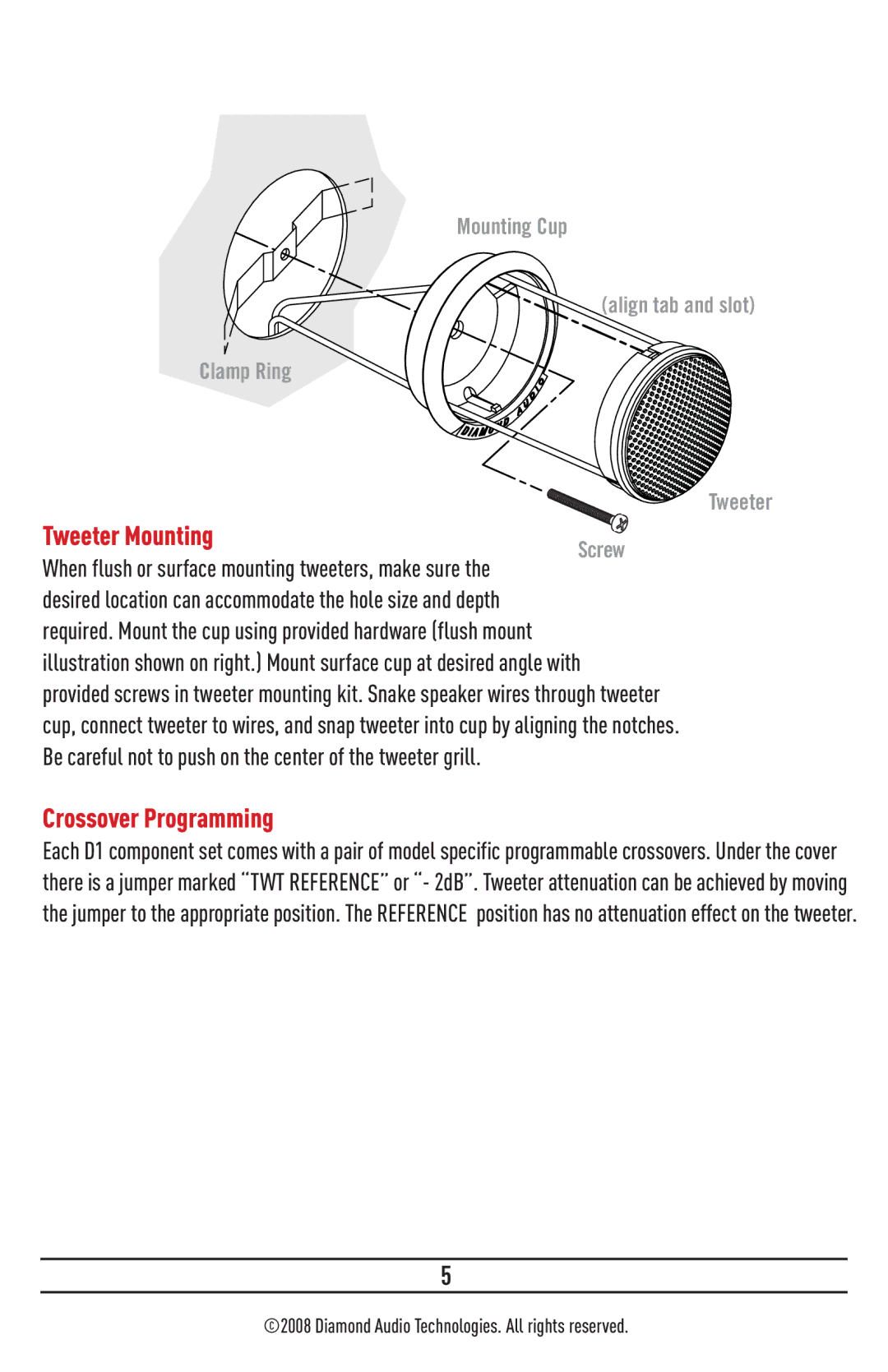 Diamond Audio Technology D161.5I, D151I, D171I, D191I installation manual Tweeter Mounting, Crossover Programming 