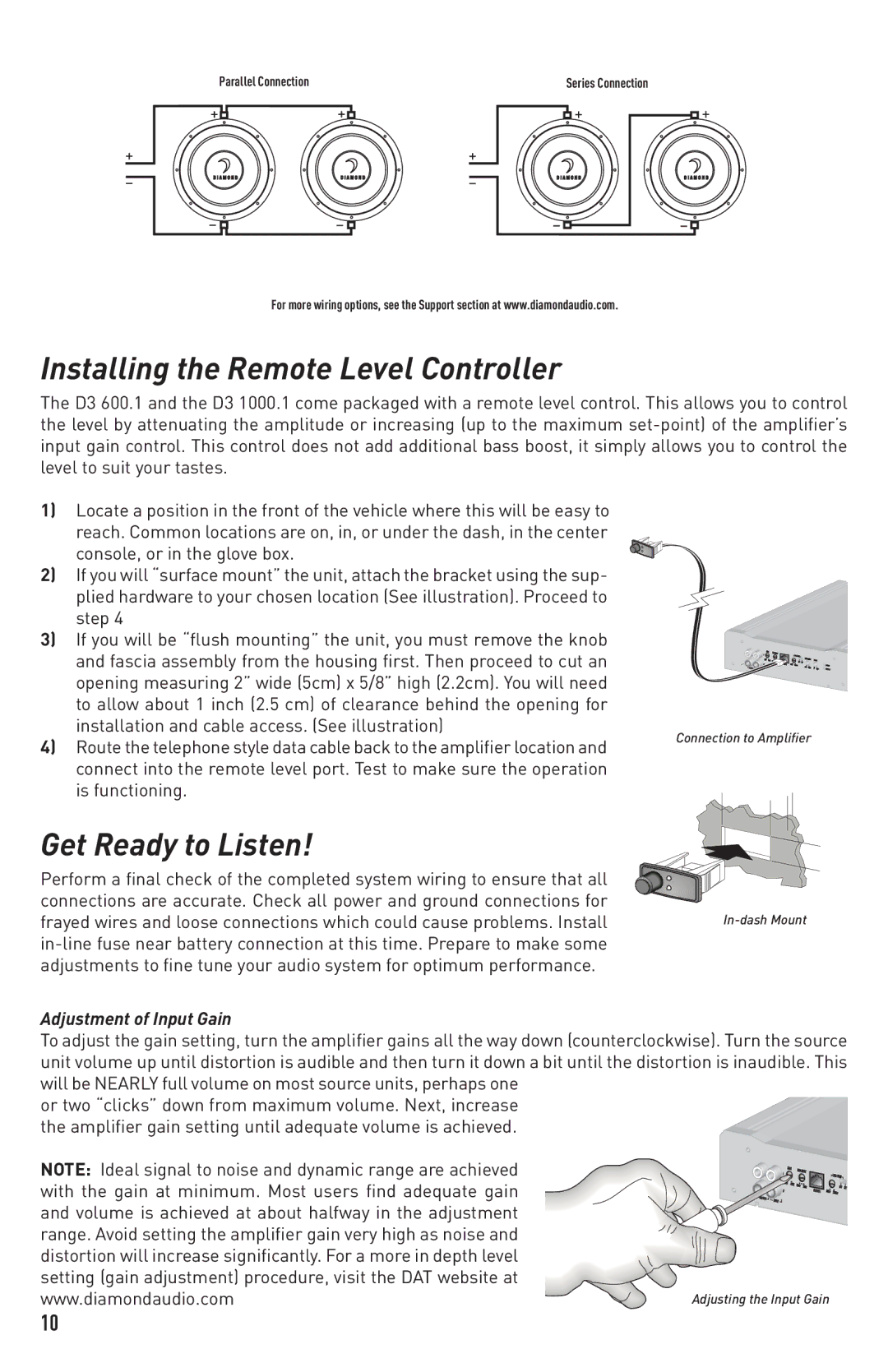 Diamond Audio Technology D3 1000.1 Installing the Remote Level Controller, Get Ready to Listen, Adjustment of Input Gain 
