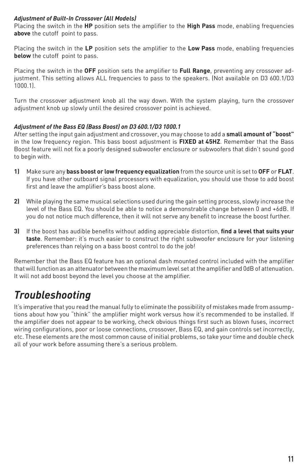 Diamond Audio Technology D3 400.2, D3 500.4, D3 600.1 Troubleshooting, Adjustment of Built-In Crossover All Models 