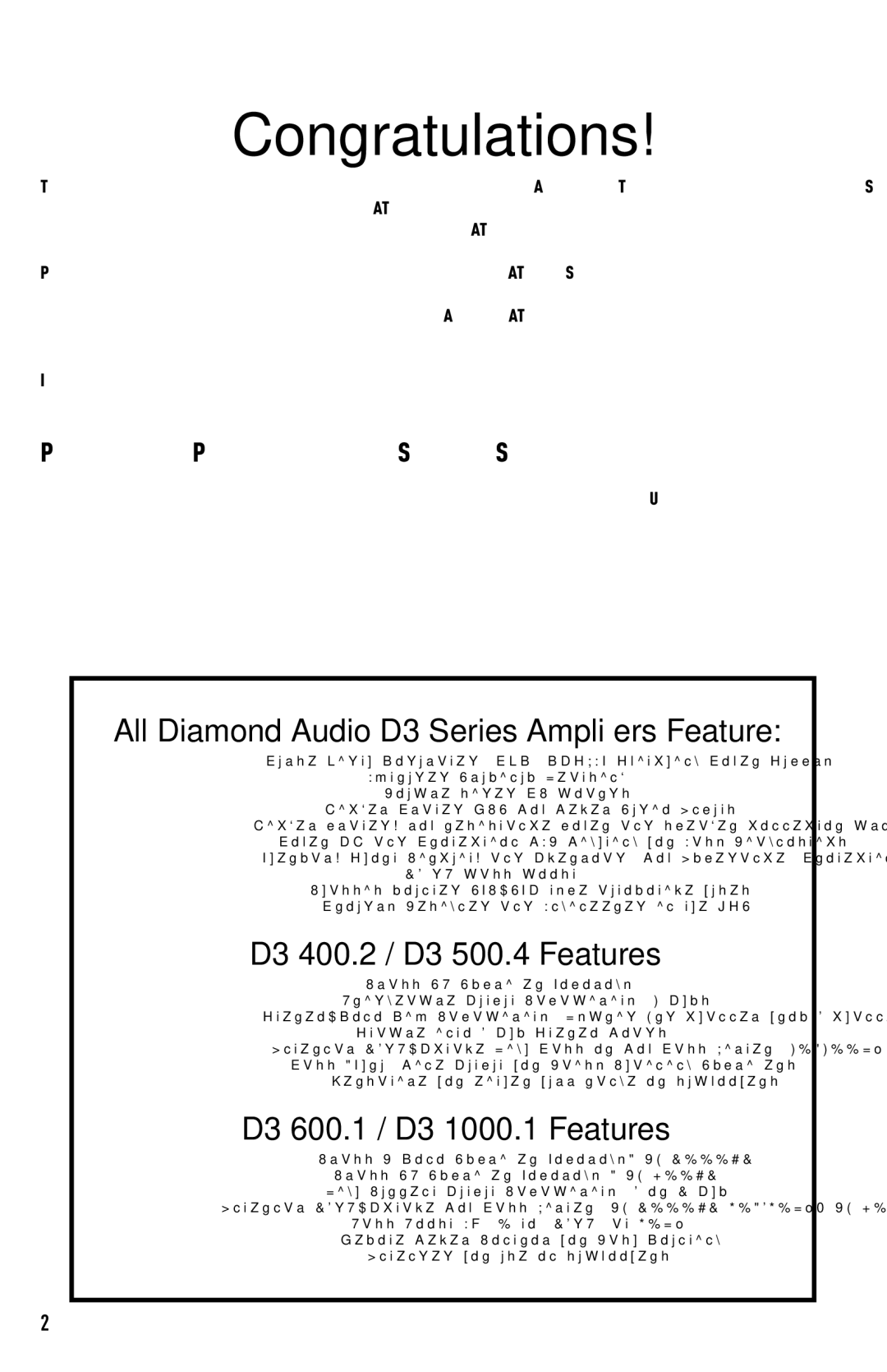 Diamond Audio Technology D3 1000.1, D3 600.1 All Diamond Audio D3 Series Amplifiers Feature, D3 400.2 / D3 500.4 Features 