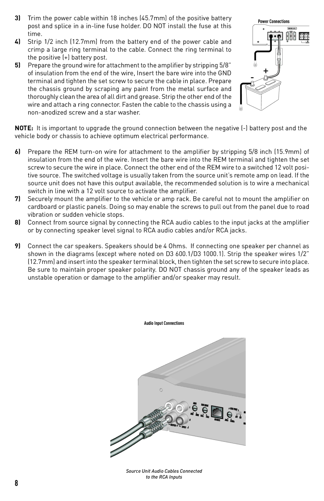 Diamond Audio Technology D3 500.4, D3 600.1, D3 1000.1, D3 400.2 installation manual Power Connections 