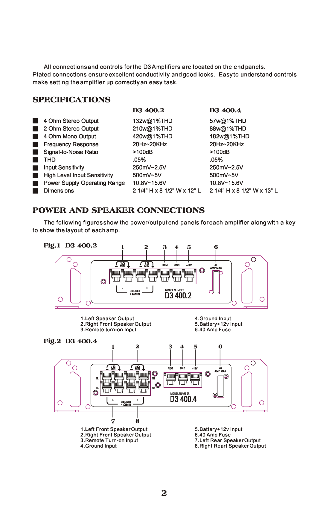 Diamond Audio Technology D3 Series specifications Specifications, Power And Speaker Connections 