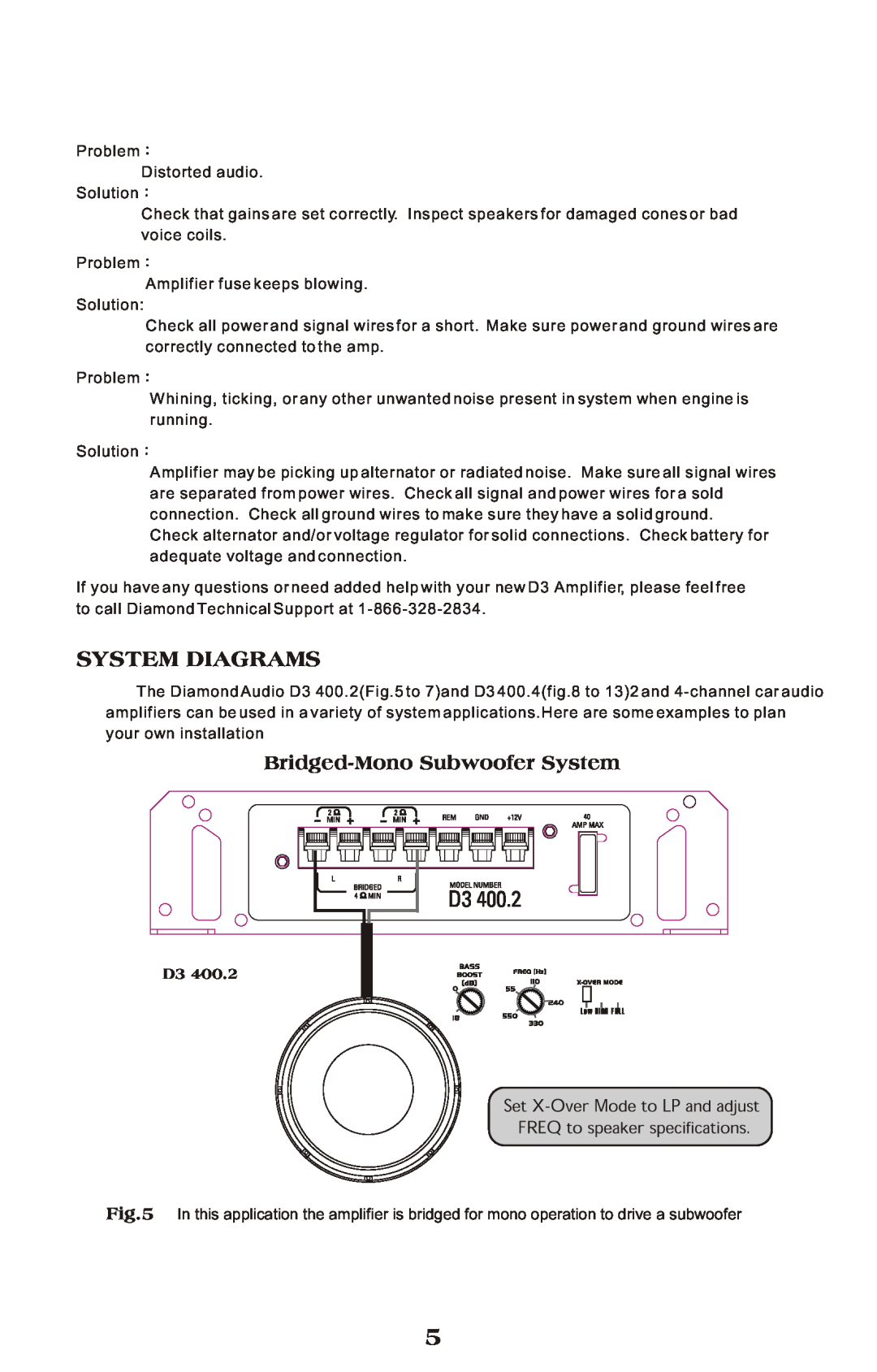 Diamond Audio Technology D3 Series specifications System Diagrams, Bridged-MonoSubwoofer System 