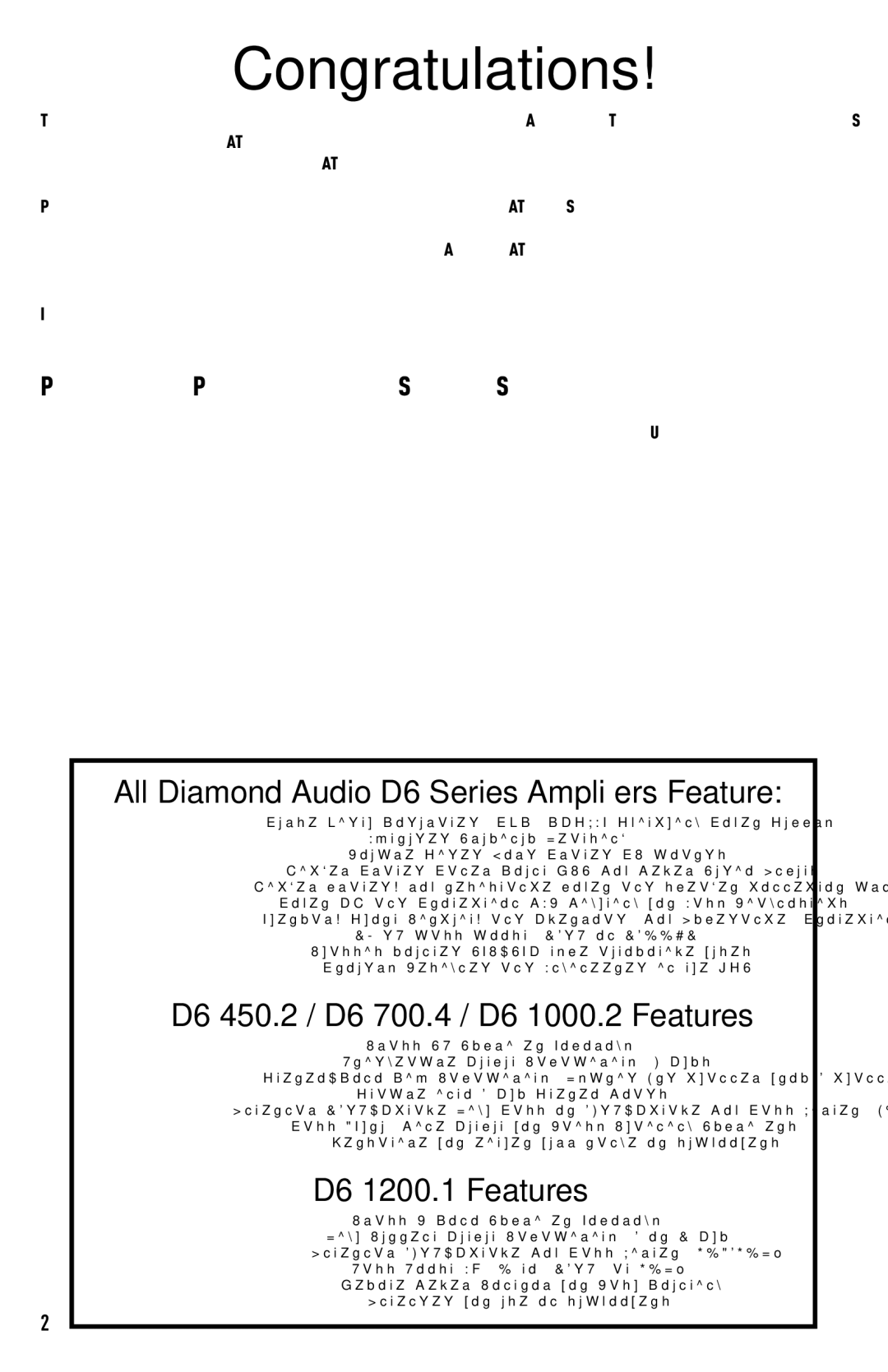 Diamond Audio Technology All Diamond Audio D6 Series Amplifiers Feature, D6 450.2 / D6 700.4 / D6 1000.2 Features 