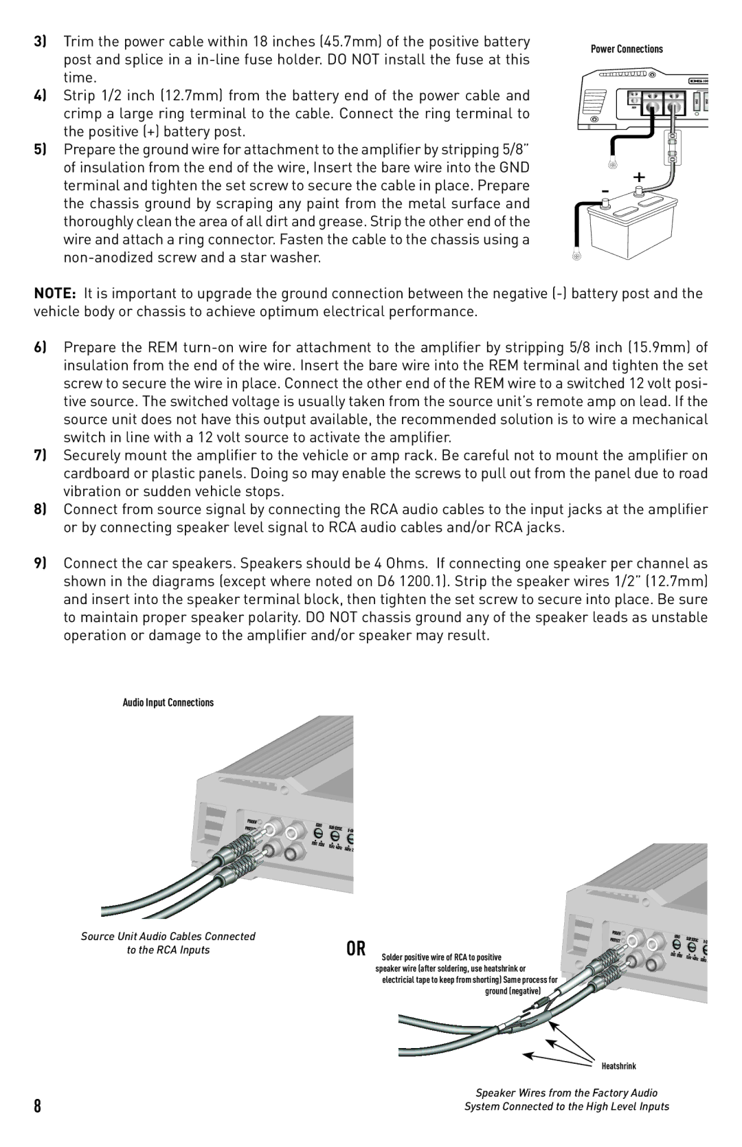 Diamond Audio Technology D6 1000.2, D6 450.2, D6 700.4, D6 1200.1 installation manual Power Connections 