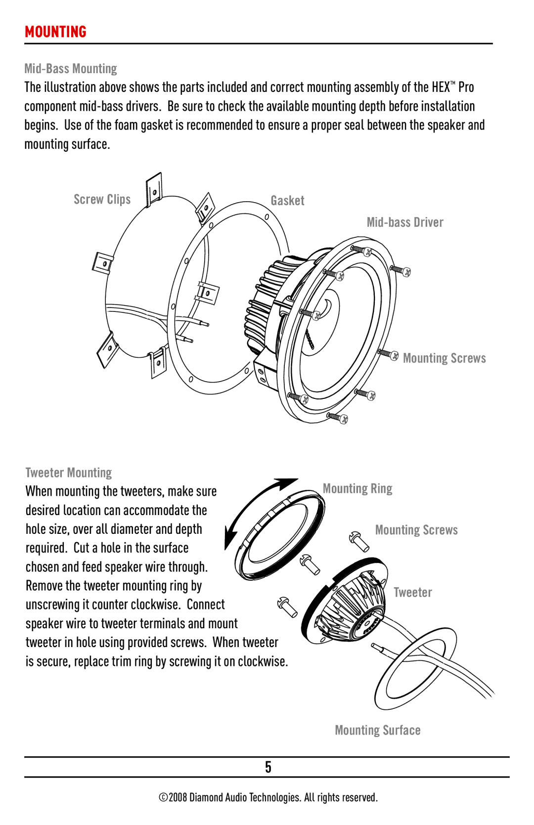 Diamond Audio Technology HP650 installation manual Mid-Bass Mounting, Screw Clips, Tweeter Mounting 