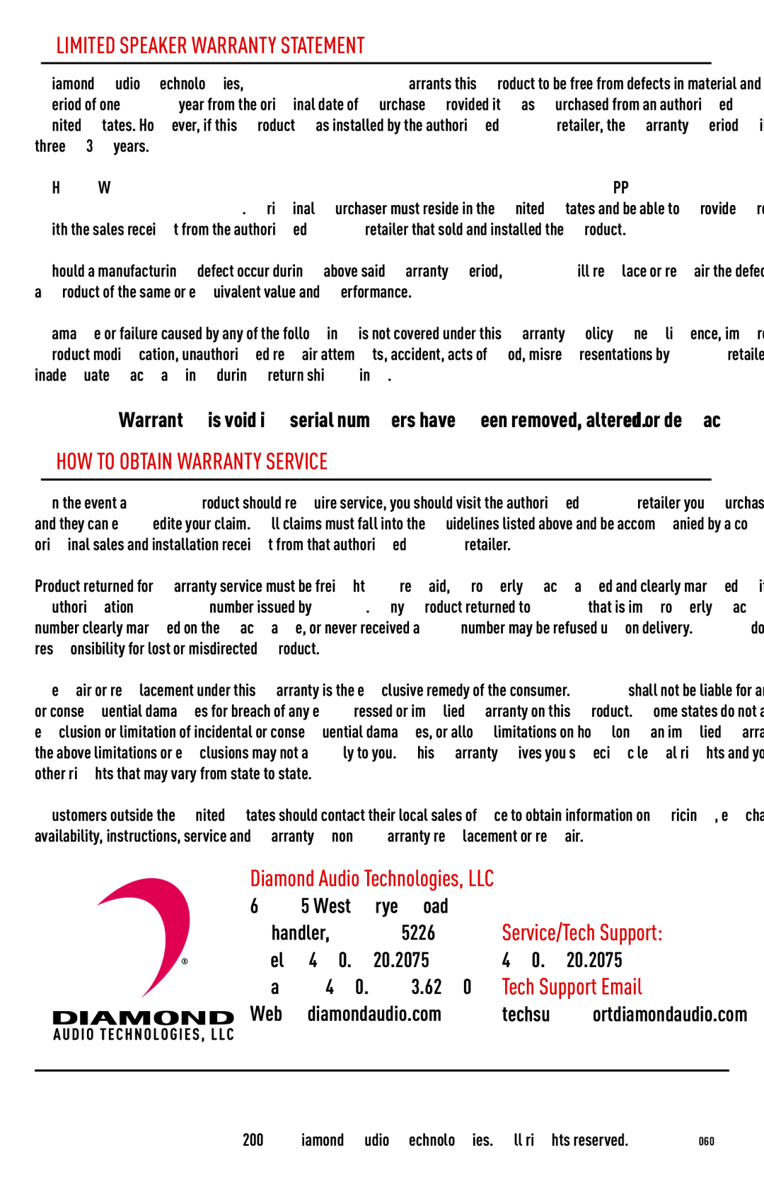Diamond Audio Technology HP650 installation manual Limited Speaker Warranty Statement, HOW to Obtain Warranty Service 