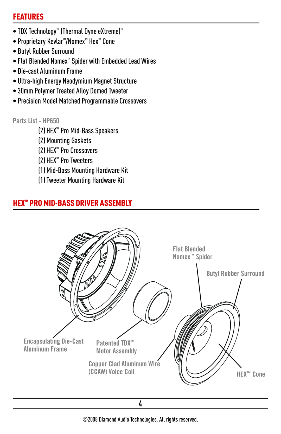 Diamond Audio Technology HP650 installation manual Features, Hex Pro Mid-Bassdriver Assembly 