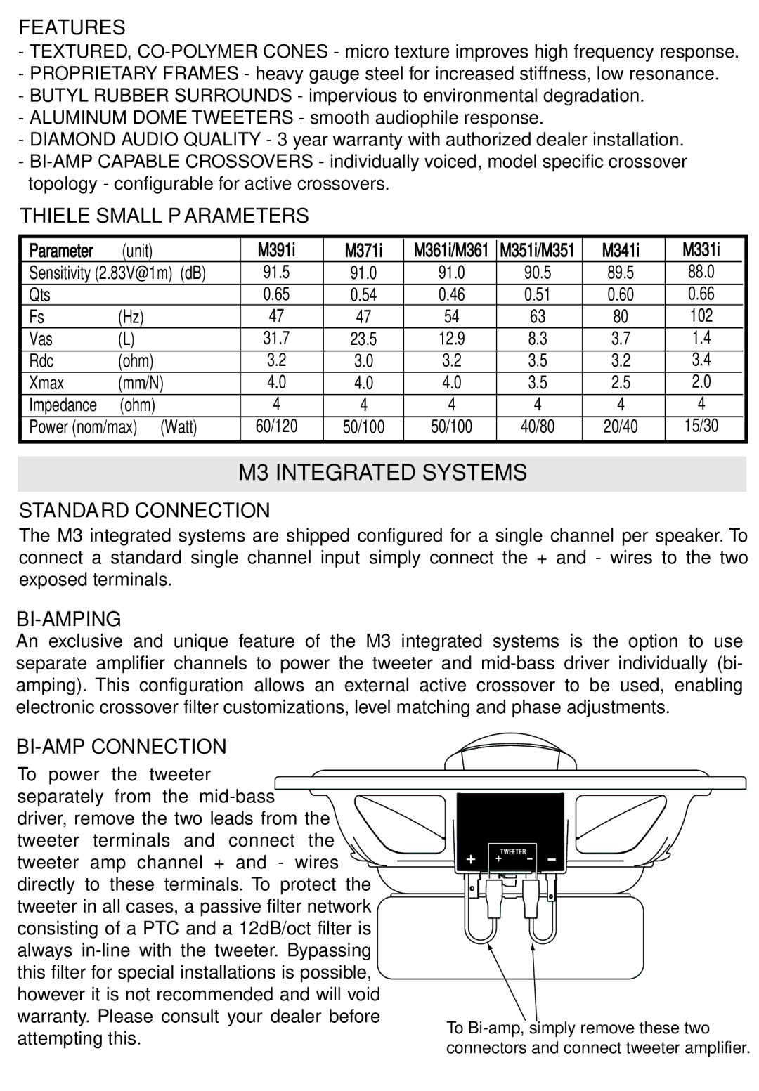 Diamond Audio Technology M331I - M341I owner manual Features, Thiele Small Parameters, Standard Connection, Bi-Amping 