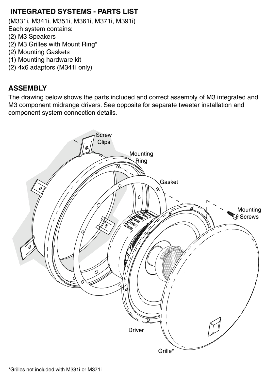 Diamond Audio Technology M331I - M341I owner manual Integrated Systems Parts List, Assembly 