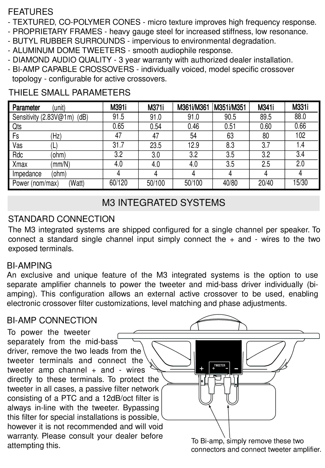 Diamond Audio Technology M351, M361 Features, Thiele Small Parameters, Standard Connection, Bi-Amping, BI-AMP Connection 