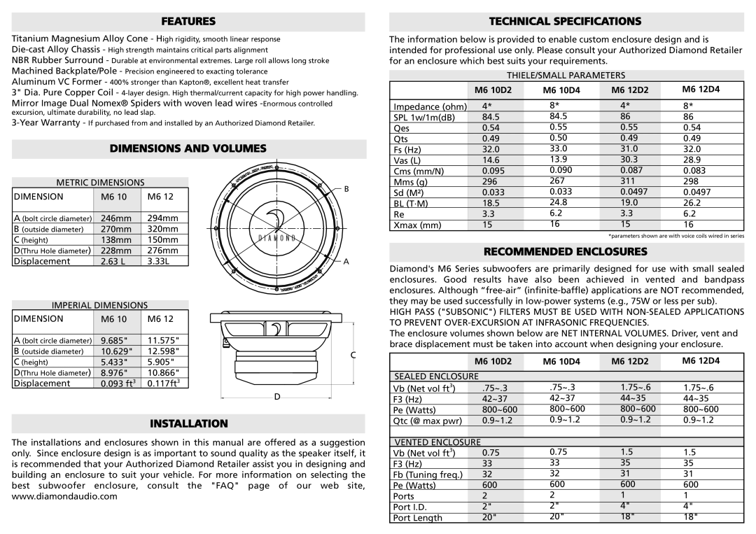 Diamond Audio Technology M6 12D4 Features, Dimensions and Volumes Technical Specifications, Recommended Enclosures 