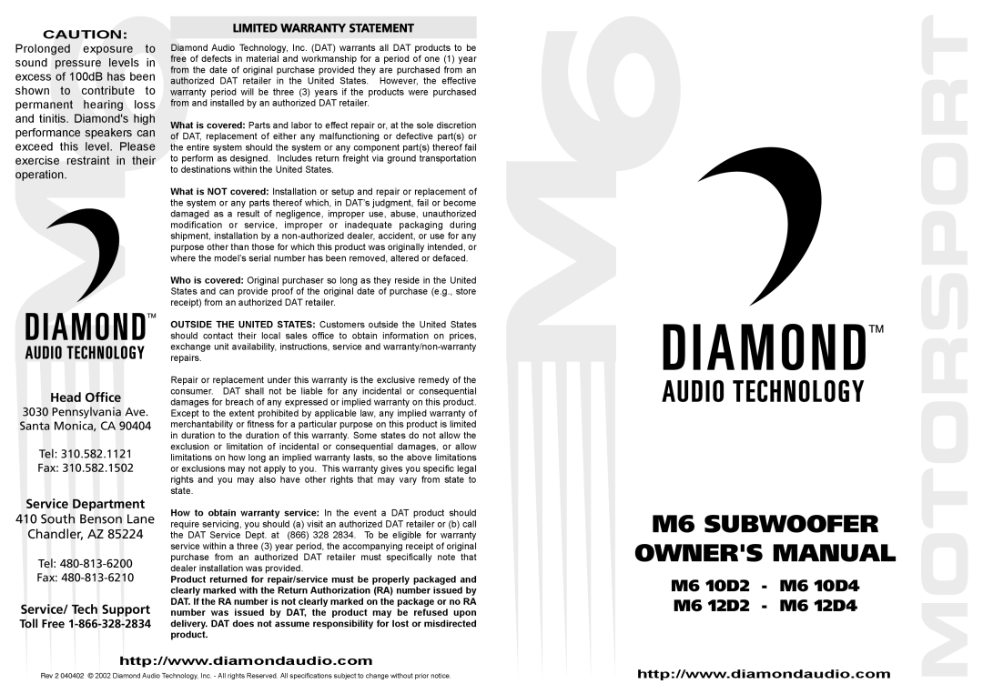 Diamond Audio Technology owner manual Toll Free, Limited Warranty Statement, M6 10D2 - M6 10D4 M6 12D2 - M6 12D4 