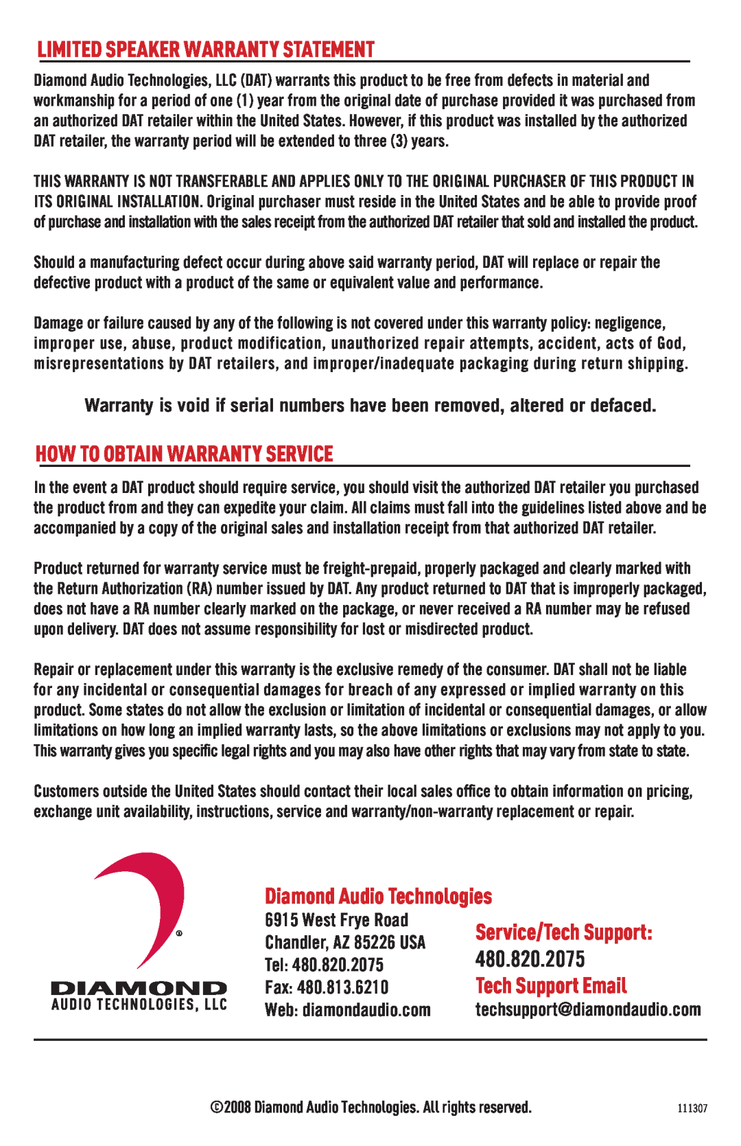 Diamond Audio Technology S104 480.820.2075, Limited Speaker Warranty Statement, How To Obtain Warranty Service, Tel, Fax 
